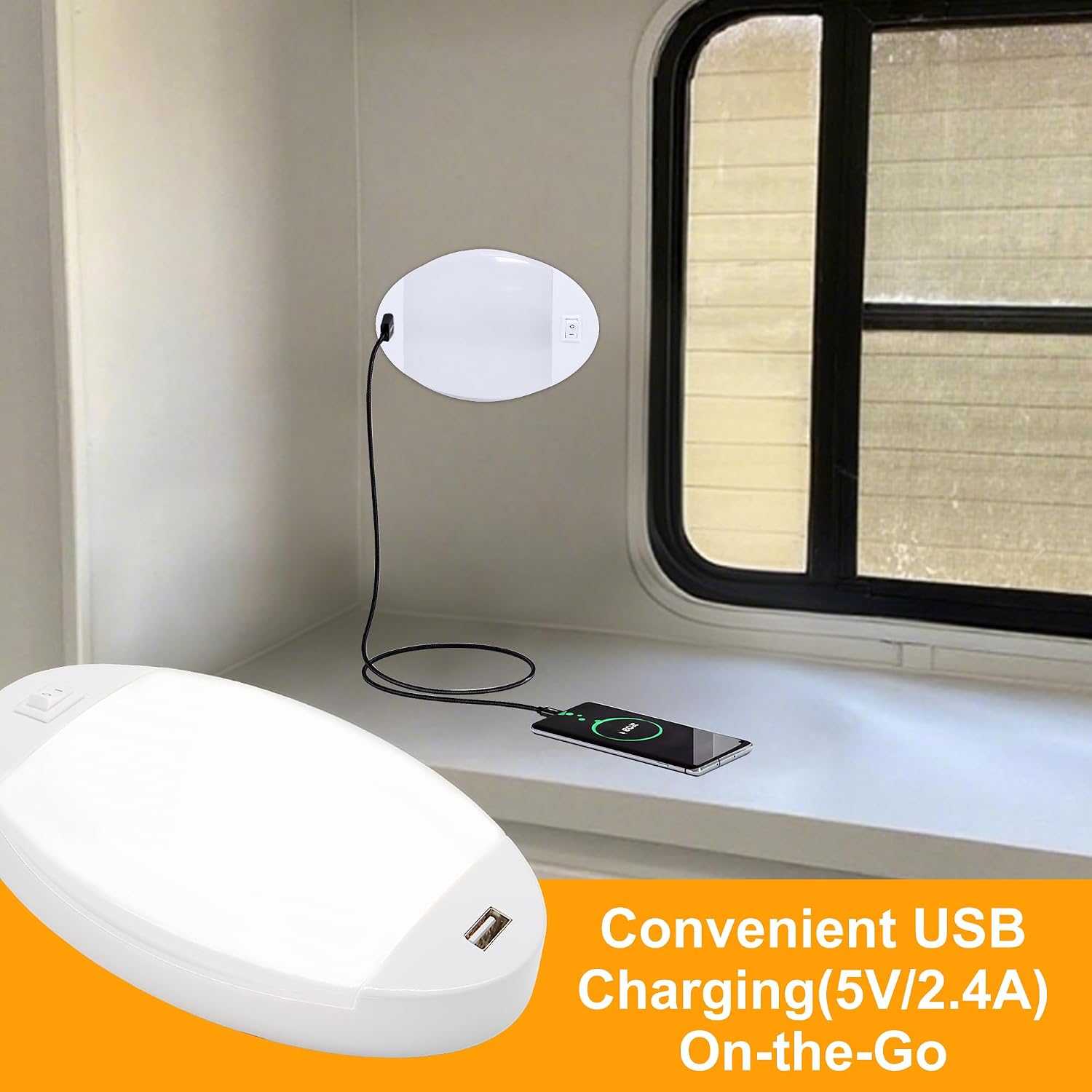 Facon 12V RV Interior Lights with Fast USB Charger (5V/2.4A) – Oval Pancake LED Ceiling Light Fixture with Switch, 12Volt Lighting for RV, Camper, Boat, Tiny Homes