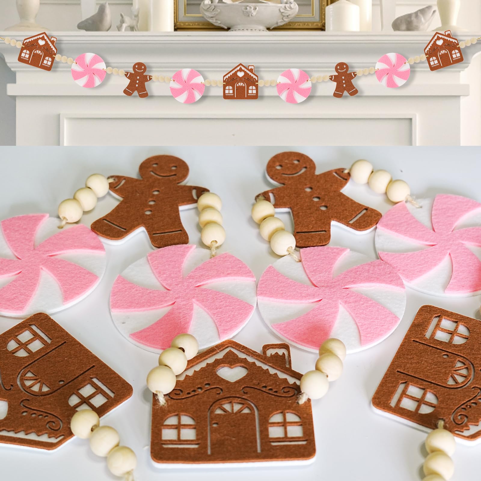 6Ft Pink Christmas Garland - Pink Candyland Christmas Ornaments Felt Gingerbread House with Wood Beads - Christmas Gingerbread Decor for Mantle, Wall, Tree, Indoor