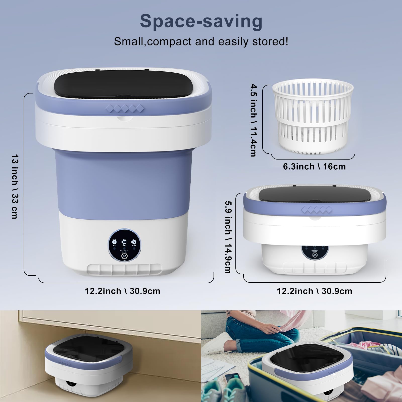 Portable Washing Machine, 12L Upgraded Mini Washing Machine With Spin Basket, Foldable Camping Washing Machine for Underwear, Baby Clothes Socks, Small Washing Machine for Apartments, Dorm,RV, Travel — view 3