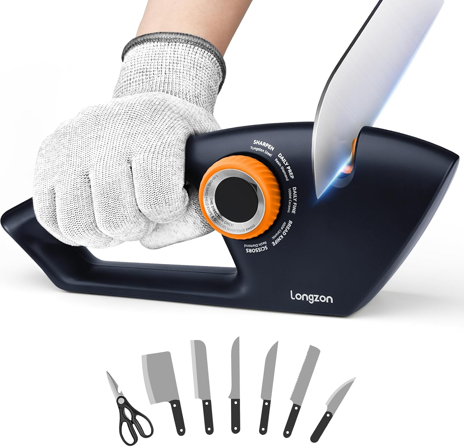 Longzon 6-in-1 Knife Sharpener 5 Stage with Cut-Resistant Glove, Manual Kitchen Tool for Straight & Serrated Knives, Quickly Sharpens Restores & Polishes Dull Blades Safe for Home Kitchen, Navy+Orange