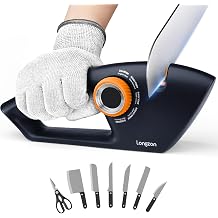 longzon 6-in-1 Knife Sharpener 5 Stage with Cut-Resistant Glove, Manual Kitchen Tool for Straight & Serrated Knives, Quickly Sharpens Restores & Polishes Dull Blades Safe for Home Kitchen, Navy+Orange