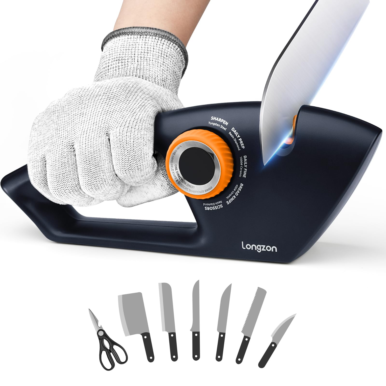 longzon 6-in-1 Knife Sharpener 5 Stage with Cut-Resistant Glove, Manual Kitchen Tool for Straight & Serrated Knives, Quickly Sharpens Restores & Polishes Dull Blades Safe for Home Kitchen, Navy+Orange — image 1