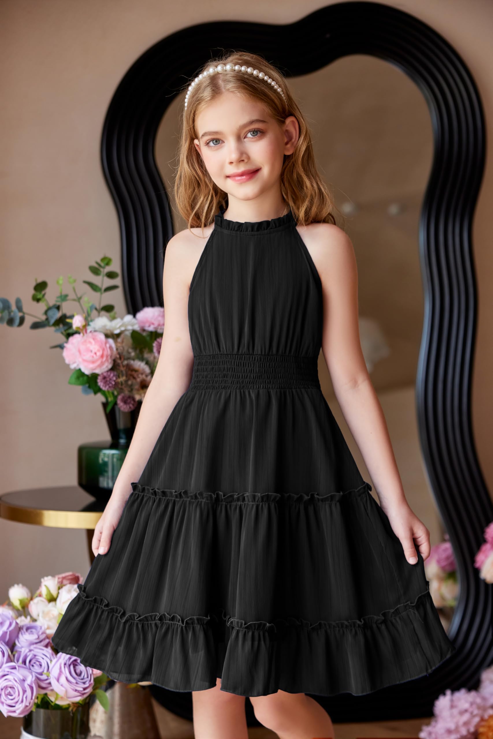 Arshiner Robe Filles été sans Manches Fête Enfants Robes Cérémonie Robe Légère Mousseline épaules Dénudées Midi Décontractée Trapèze Robes de Soirée éLégante pour Filles 6-13 Ans
