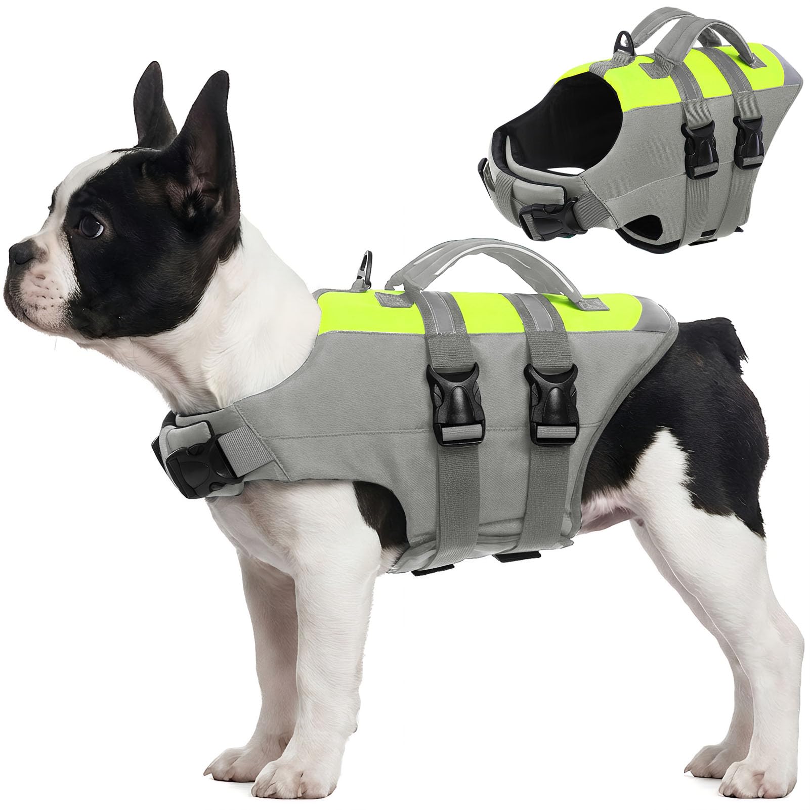 CITÉTOILE Dog Life Jacket with Handle & Safety Leash - Buoyancy Aid Vest for Boating, Pool & Lakes, High Visibility Flotation Aid for Small to Large Dogs, Adjustable, Grey, M