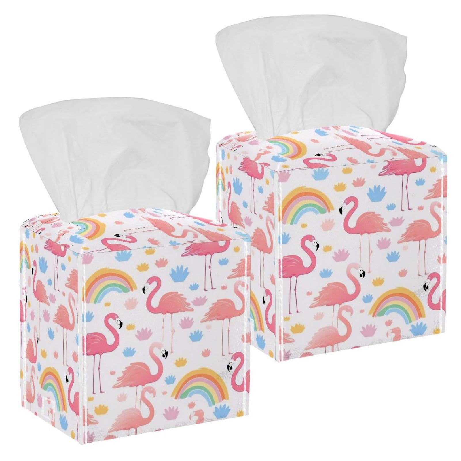 Flamingo Tissue Box Cover, 2 Pack PU Leather Square Facial Tissue Dispenser Box holder for Home Office Car