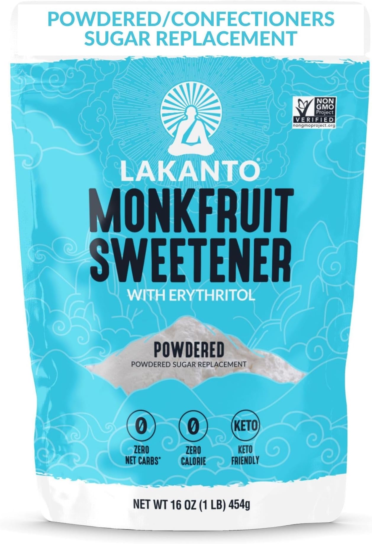 Powdered Monk Fruit Sweetener With Erythritol, Powdered Sugar Substitute Sweetener For Baking & Cooking Waffles, Donuts, Cookies & More, Keto, Low Calorie, Low Carb, Vegan, Gluten Free, 1 Lb