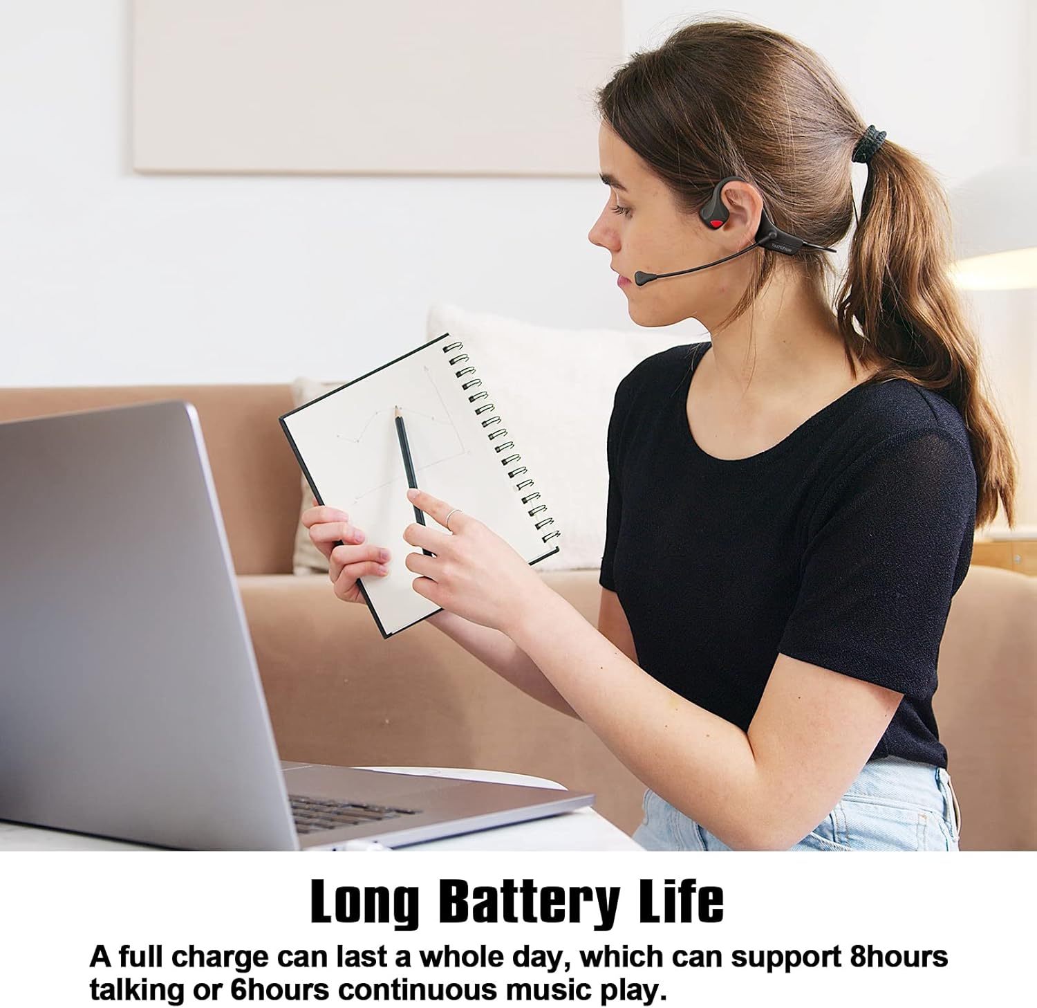 Bone Conduction Bluetooth Headphones with mic, Open-Ear Headset with Boom Mic Noise Cancelling, Lightweight Comfort Wireless Computer Headset for Office Working, Hands-Free Calls& Music - Image 6