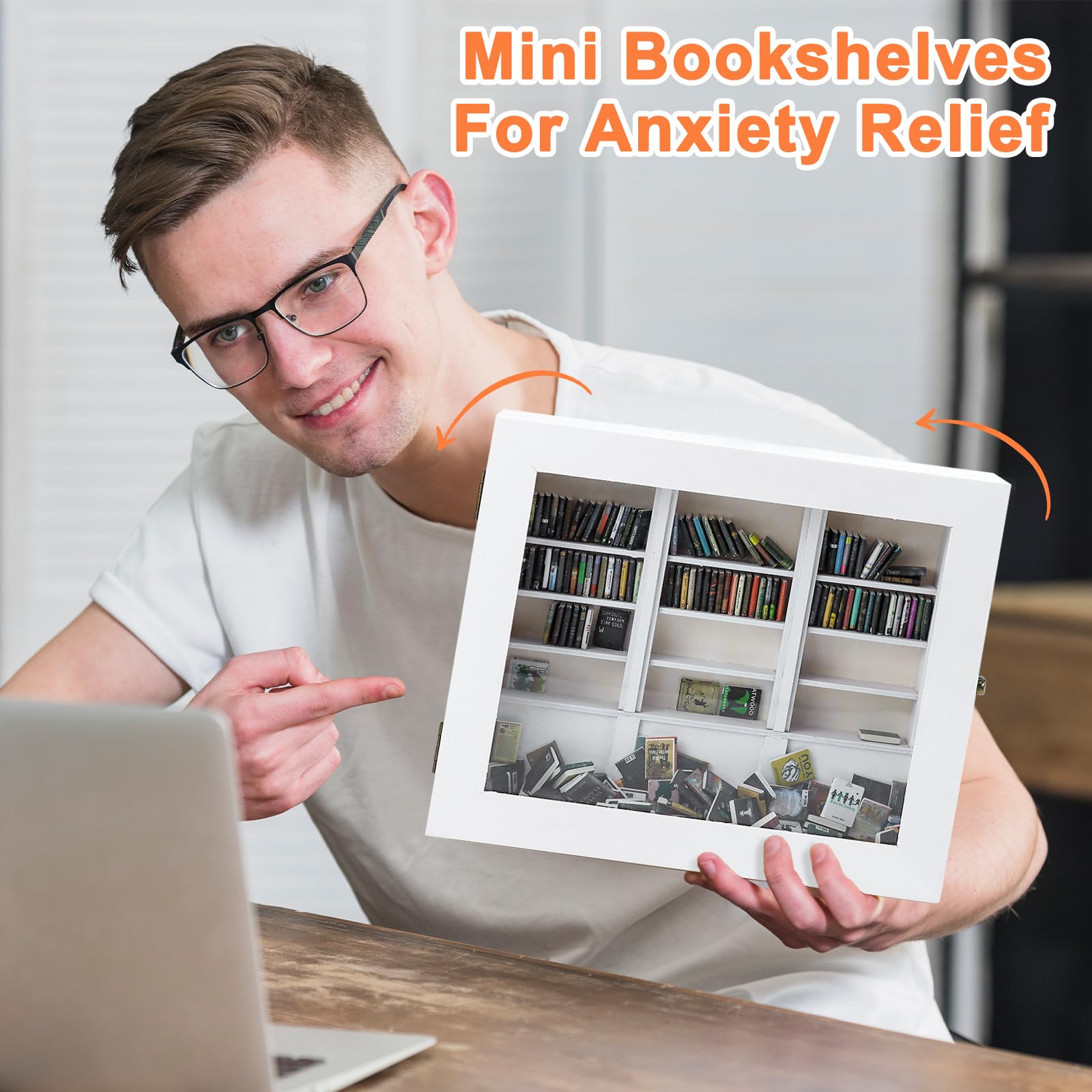 Bibliothèque pour l'anxiété, Meuble miniature créative pour maisons de poupées en bois, cadeau anti-stress pour les amoureux des livres, ornement décoratif (Blanc)