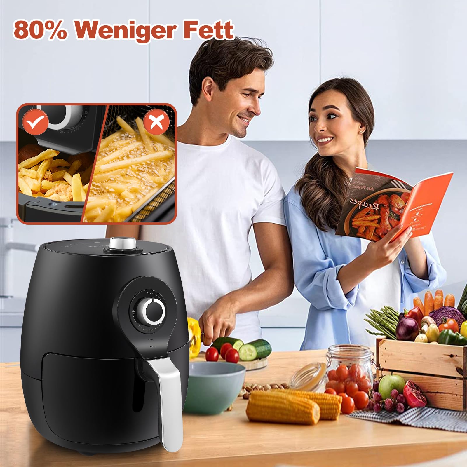 TUKAILAi Family Size Air Fryer con circulación de aire rápida, 5 litros, 1450 W, temporizador de 30 minutos y control de temperatura totalmente ajustable para una cocción saludable sin grasa y sin