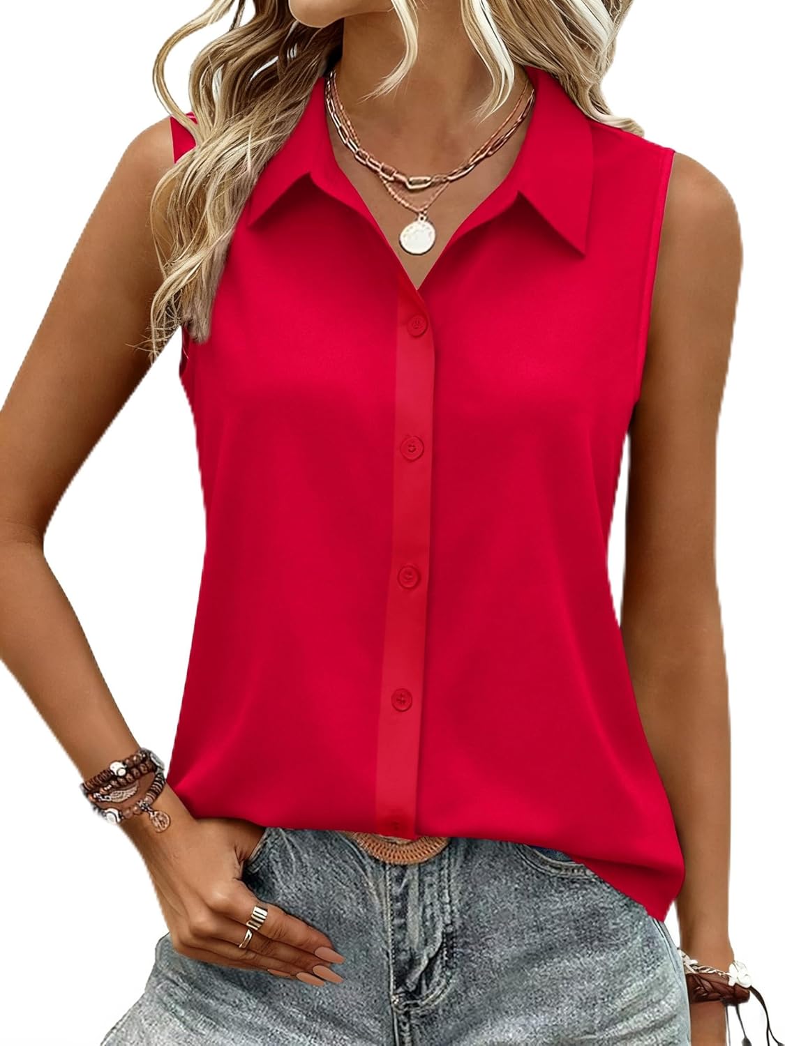 Zeagoo Women's Sleeveless Button Down Shirts Blouses Casual Loose V Neck Tank Tops for Work S-XXL
