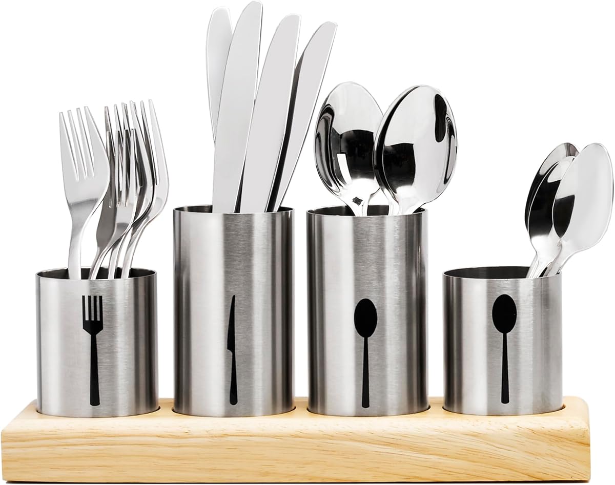 Soporte para utensilios, soporte vertical para cubiertos con carrito para cucharas, cuchillos y tenedores, entretenimiento, organizador de cubiertos de acero inoxidable con base de madera de bambú