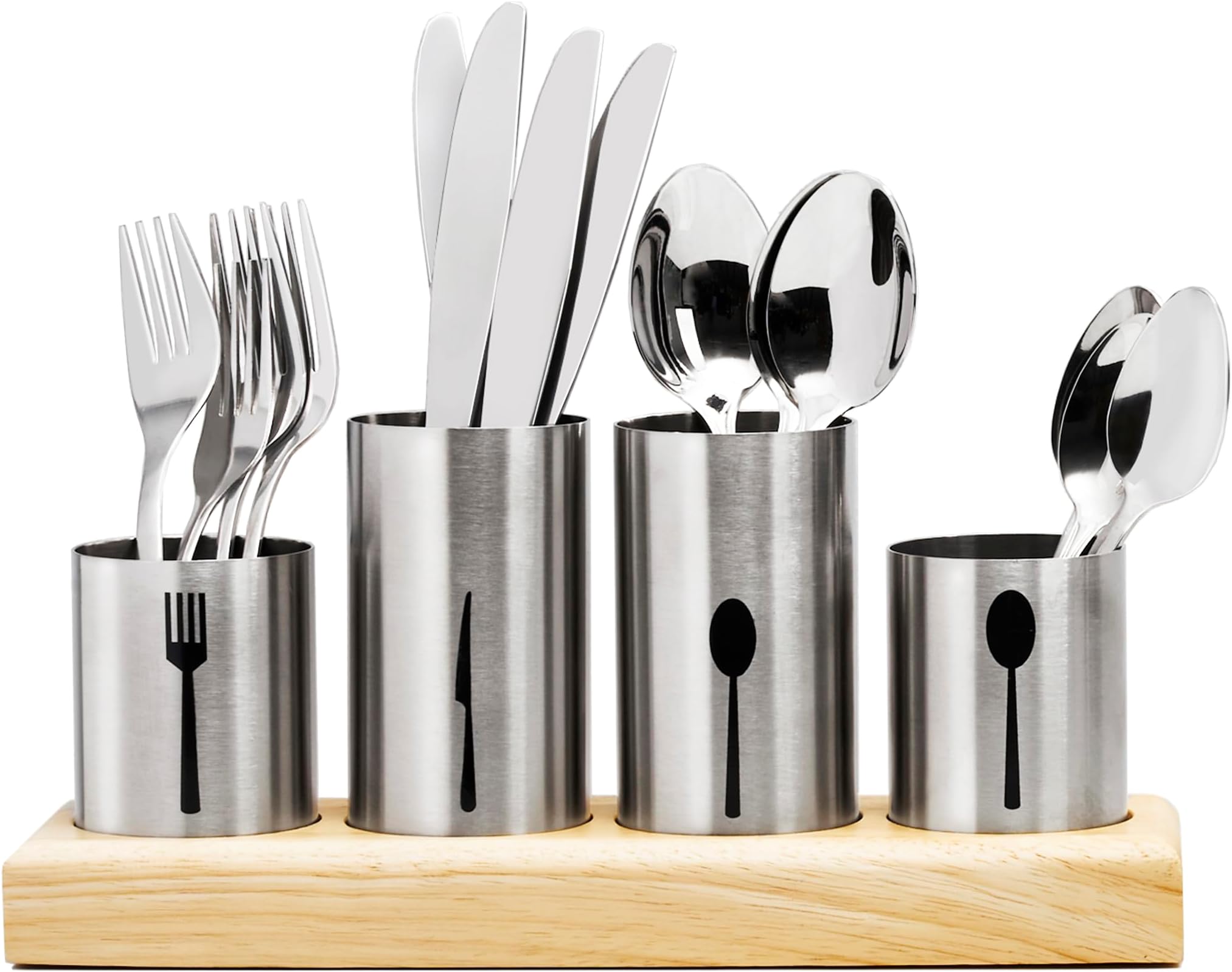 Silverware Holder with Caddy for Spoons, Knives Forks, etc - Ideal for Kitchen, Dining, Entertaining, Buffet, Picnic, and more - Stainless Steel with Bamboo Wood Base