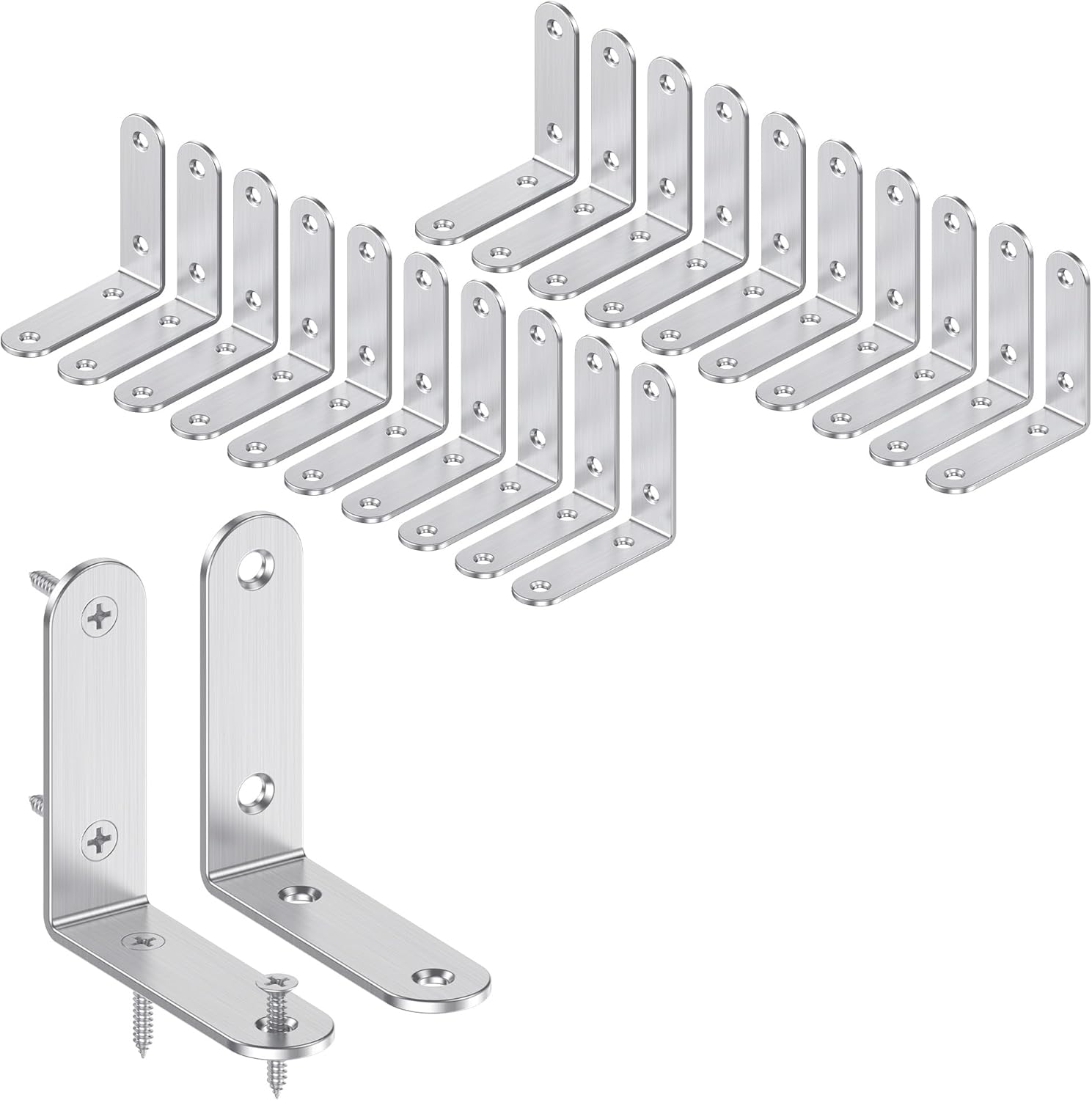 20 Pcs L Bracket Coner Brace, 2.5" x 2.5" Heavy Duty Brushed Stainless Steel Thick L Corner Bracket, 90 Degree Right Angle Shelf Brackets with Screws for Wood Furniture, Chairs, Silver