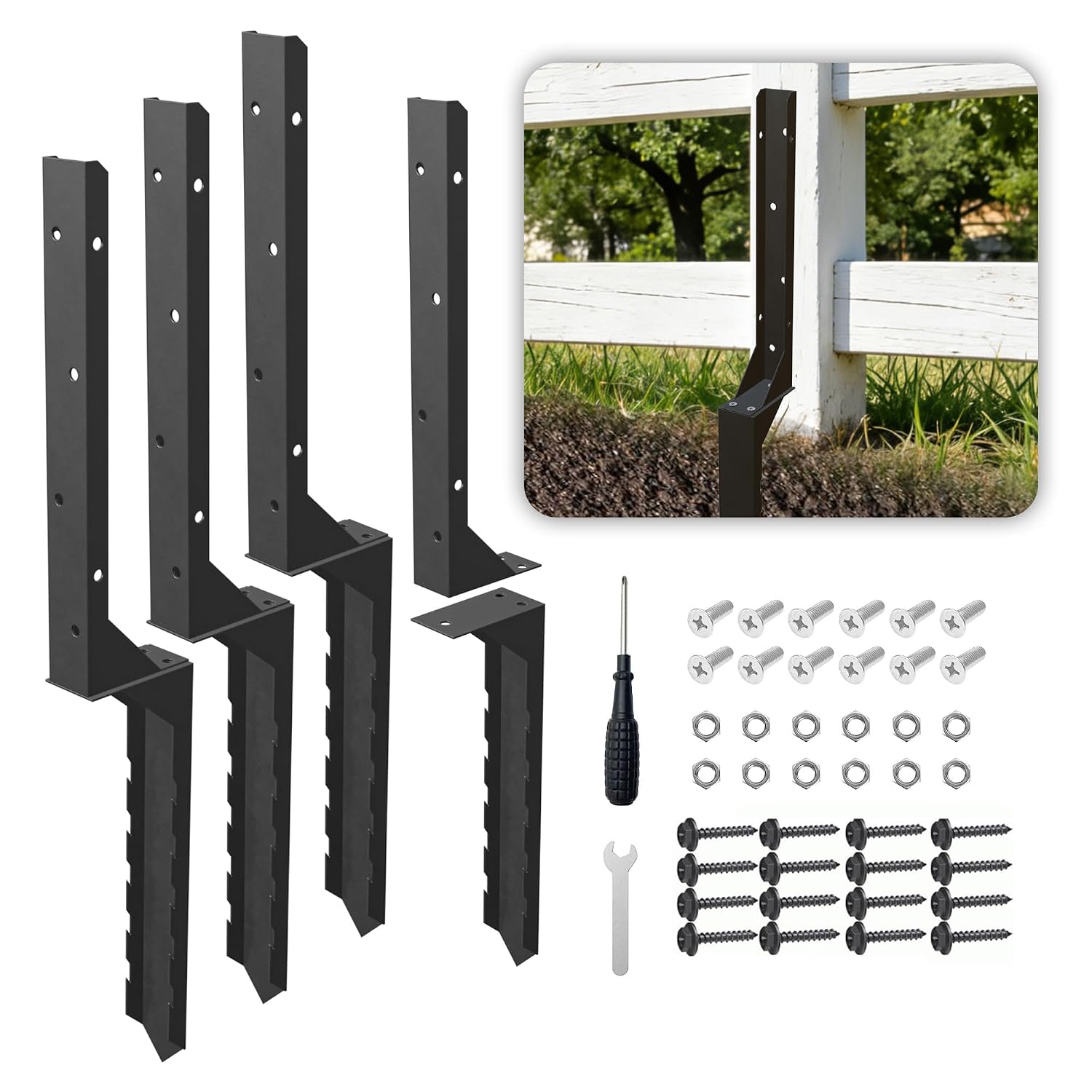 Fence Post Repair Kit 4 Pcs Heavy Duty Fence Post Anchor Ground Stakes for Fixed and Repair Broken Leaning Wood Posts Support Ground Spike Fencing Stakes Black
