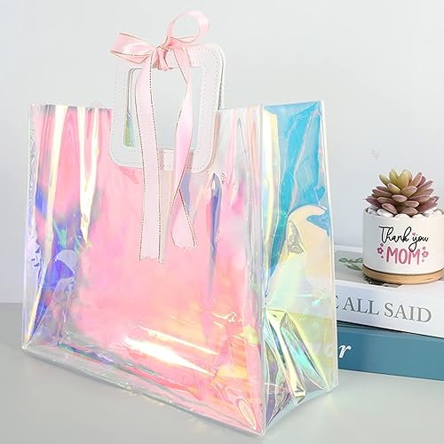 Miniatura 3 de Whaline 10 bolsas de regalo holográficas de PVC de 12.8 x 11.6 x 5.7 pulgadas, bolsas de plástico con asas, bolsas grandes para envolver regalos de