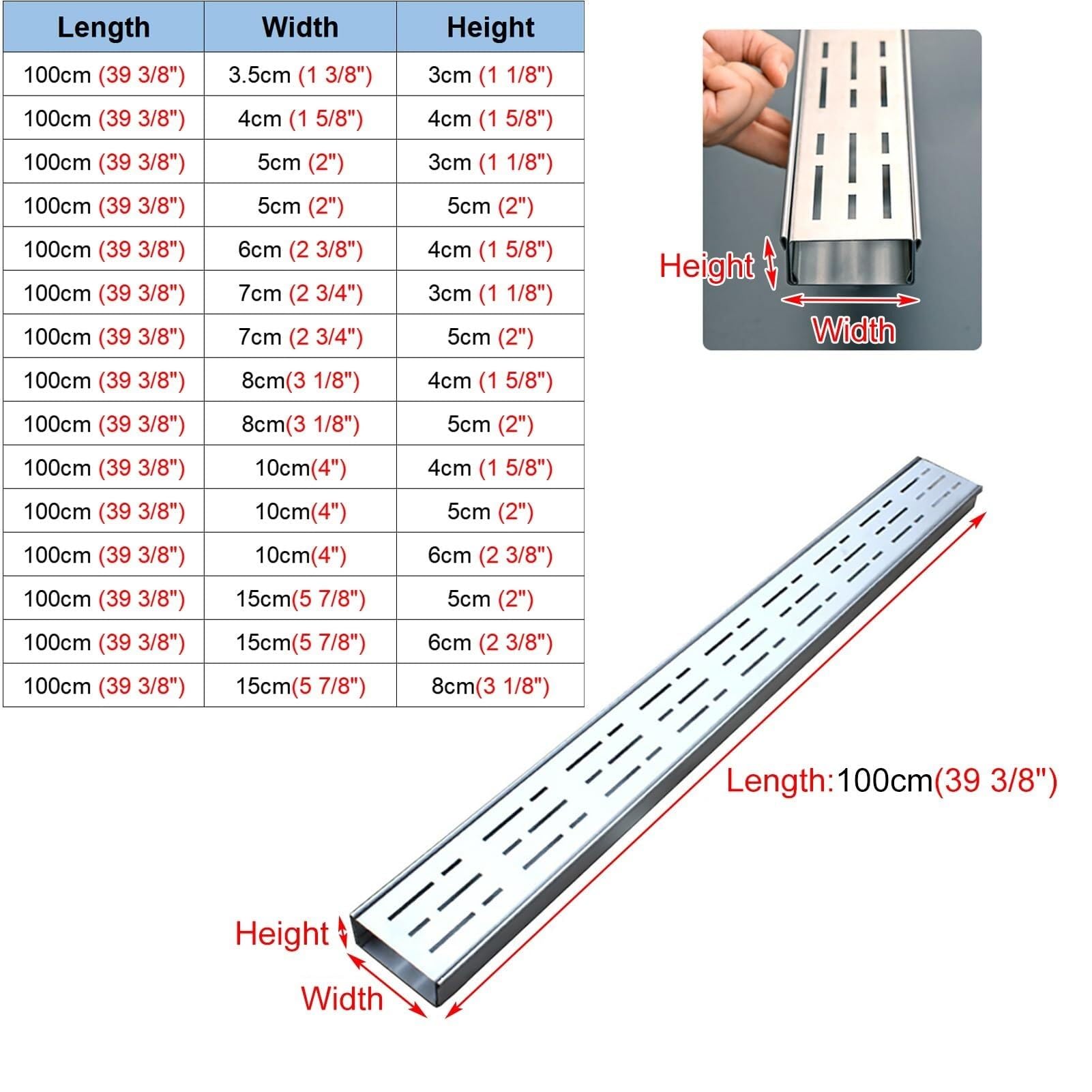 Kit di drenaggio a Canale Sottile - Canale di Scarico lineare in Acciaio Inox da 1 m per vialetti e Bordi Piscina con griglia giuntabile e Coperchio di Scarico da 3,5 cm x 3 cm (1 3/8" x 1 1