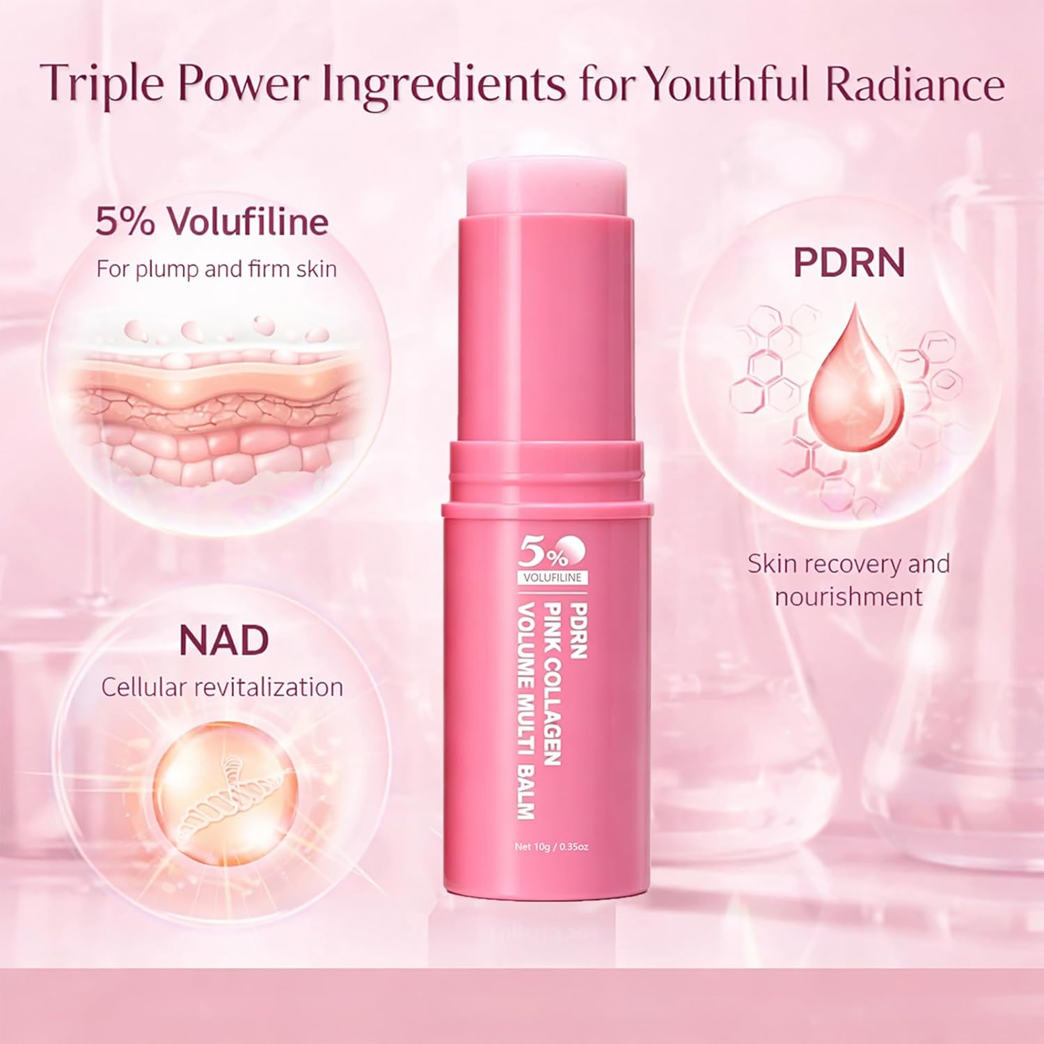 PDRN Pink Collagen Volume Multi Balm with 5% Volufiline NAD Infused, Instant Plumping for Radiant-Looking, Bounce Multi Balm Stick, for Smooth Face & Body for Under-Eyes, Neck - 2pc
