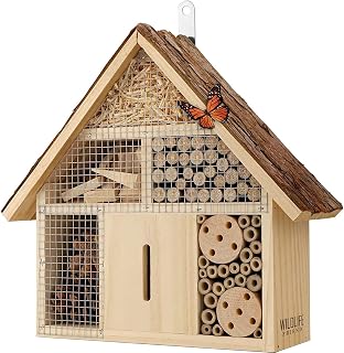 WILDLIFE FRIEND Insektenhotel Rindendach - 28x29,5x9 cm Wetterfestes Bienenhotel mit Bambusröhren und Nistkammern - Schmetterlingshaus für Garten und Balkon - Klein