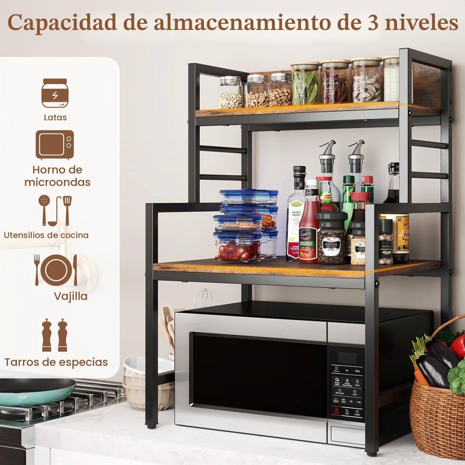 KOMFOTTEU Estante de Cocina de 2 Niveles con Marco de Metal | Soporte de Microondas con Patas Ajustables, Mueble Auxiliar para Cocina y Bar, Carga 50 kg, 52 x 42 x 78 cm, Marrón