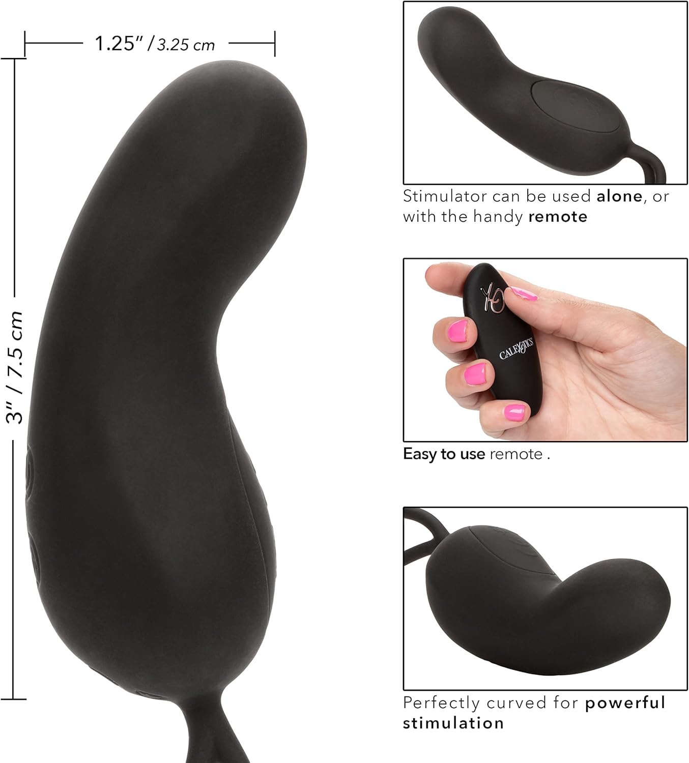 CalExotics Silicone Remote Rechargeable Curve Vibrator, 12-Function Waterproof Silicone Stimulator with Easy Retrieval Cord Black SE-0077-40-3