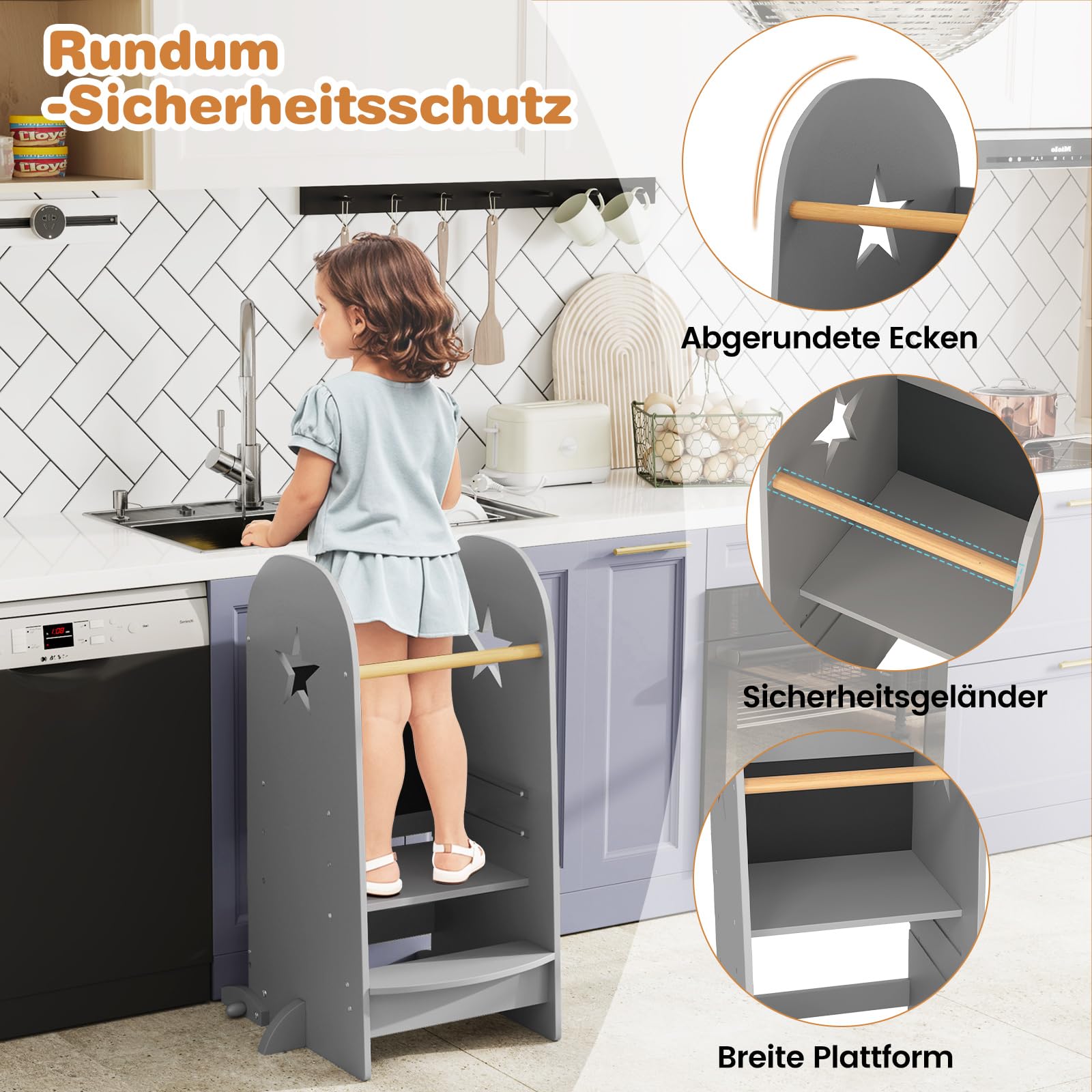 COSTWAY 3 in 1 Lernturm Kinder, Tritthocker mit 3 verstellbaren Höhen & doppelseitiger Tafel, Trittschemel Montessori, Küchenhelfer Lernstuhl für Kinder, 90 kg Belastbar, Grau