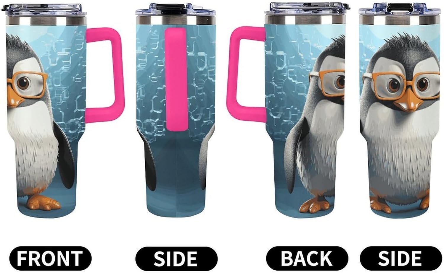 40 Oz Insulated Mug with Handle, Stainless Steel Penguin with Glasses Printed Travel Mug Portable Leak-proof Large Car Mug for Home, Office Or Car