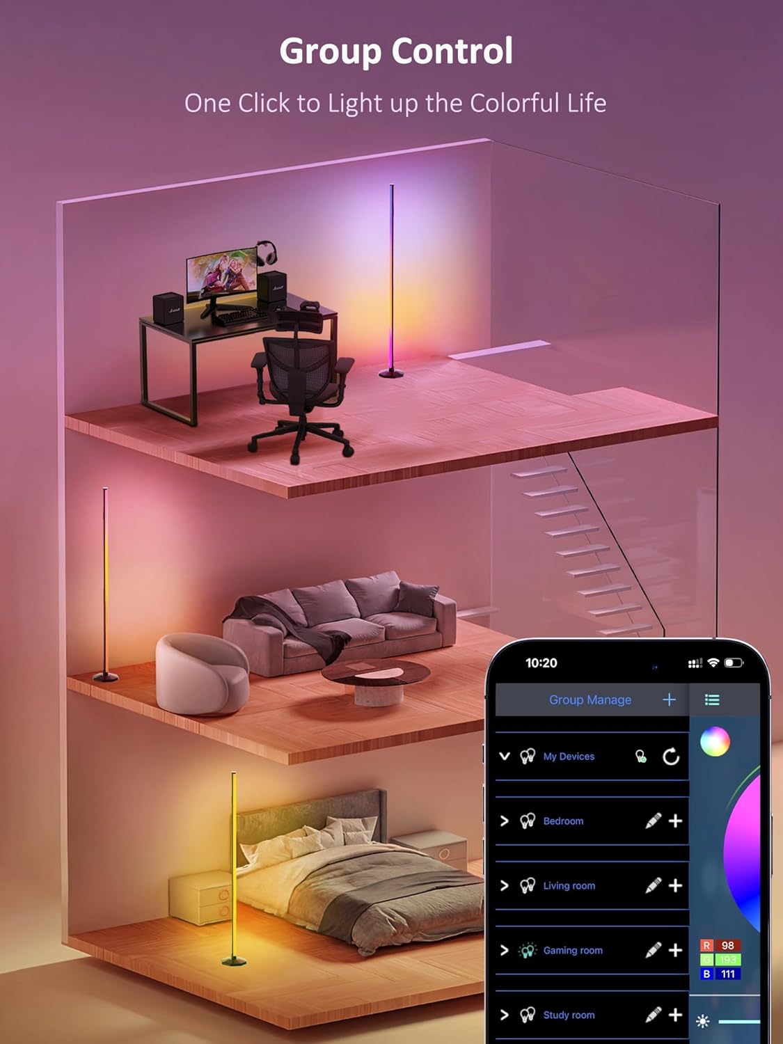 Corner Floor Lamp, LED Corner Lamp with App and Remote Control,16 Million DIY Colors & 68+ Scene, Music Sync, Color Changing Smart Ambient Light for Living Rooms, Bedrooms (1, 180cm)