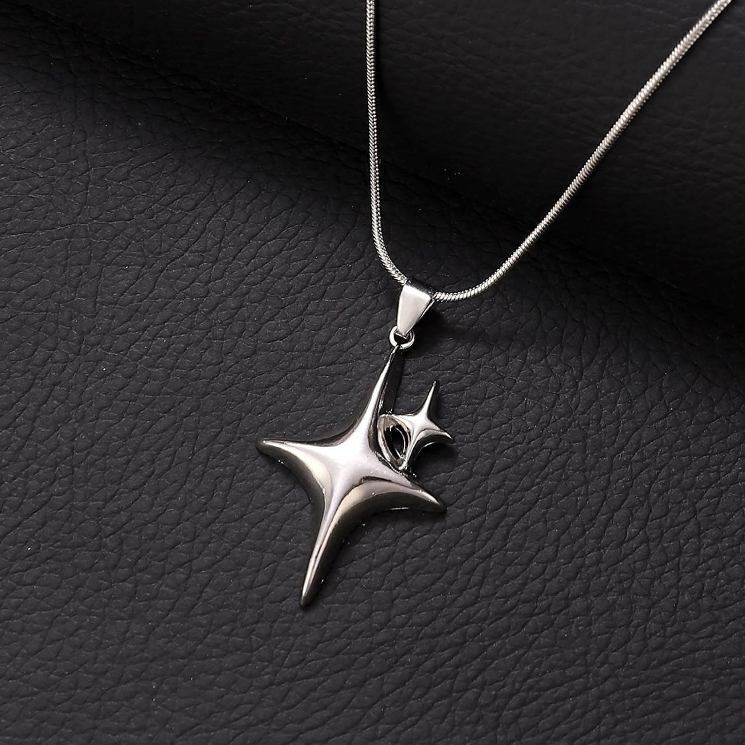 Silver Stars Pendant Necklace Four-Pointed Stars Round Snake Chain Necklace Multi Starbursts Charm Choker Necklace Vintage NorthStar Necklace Y2k Jewelry for Women - Image 4