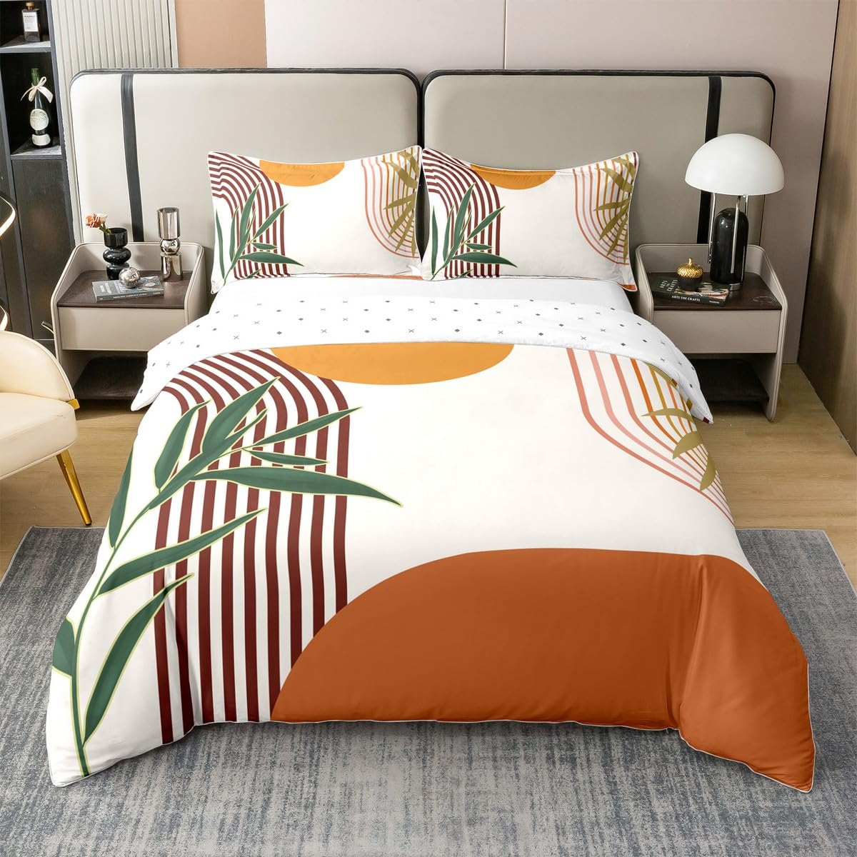 Homewish Geometryczne liście bawełniana poszewka na kołdrę pojedyncza dla dzieci chłopców dziewcząt, pomarańczowa poszewka na kołdrę, botaniczny minimalistyczny zestaw pościeli, abstrakcyjny