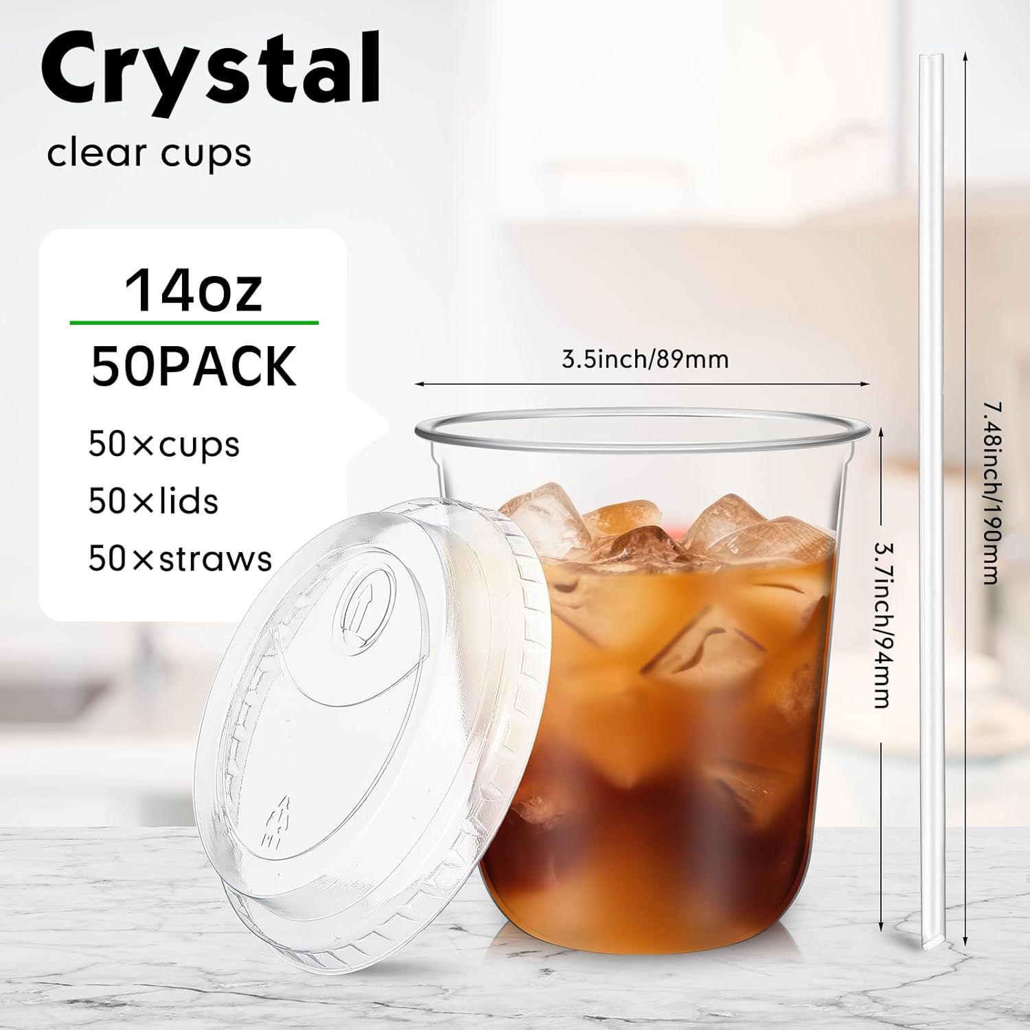 50 Sets Crystal Plastic Cups with Lids and Straws, Disposable Iced Coffee Cups Bulk PET for Wine, Cocktail, Smoothie, Milkshake, Cold Drinks, Juice, Wedding, Birthday, Coffee Shop, Party(14oz) - Image 3