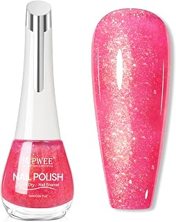 Pink Shimmer Nail Polish Iridescent Quick Dry Nail Polish Glitter Nail Lacquer with Glitter High Glossy Finger Nail Air Dry Fast Manicure DIY Nail Art Salon Gift for Women Girl