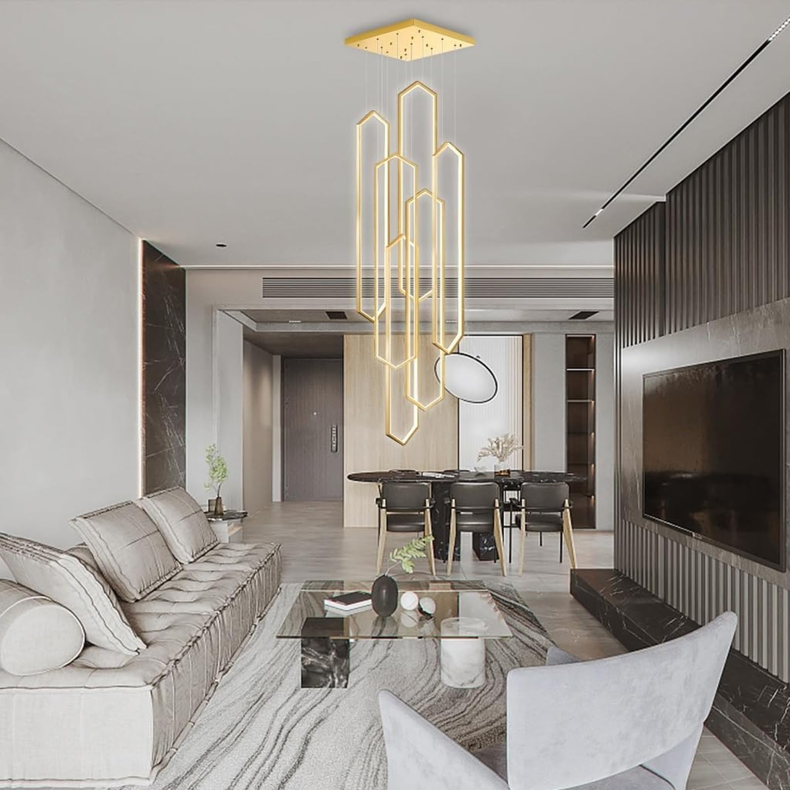 PCXEHUYP Dimmable 100W LED Chandelier with Remote ControlModern 6Light Pendant Fixture for High Ceilings Ideal Foyers Hotels & Dining Rooms (20x60cm) Stylish Lighting Design