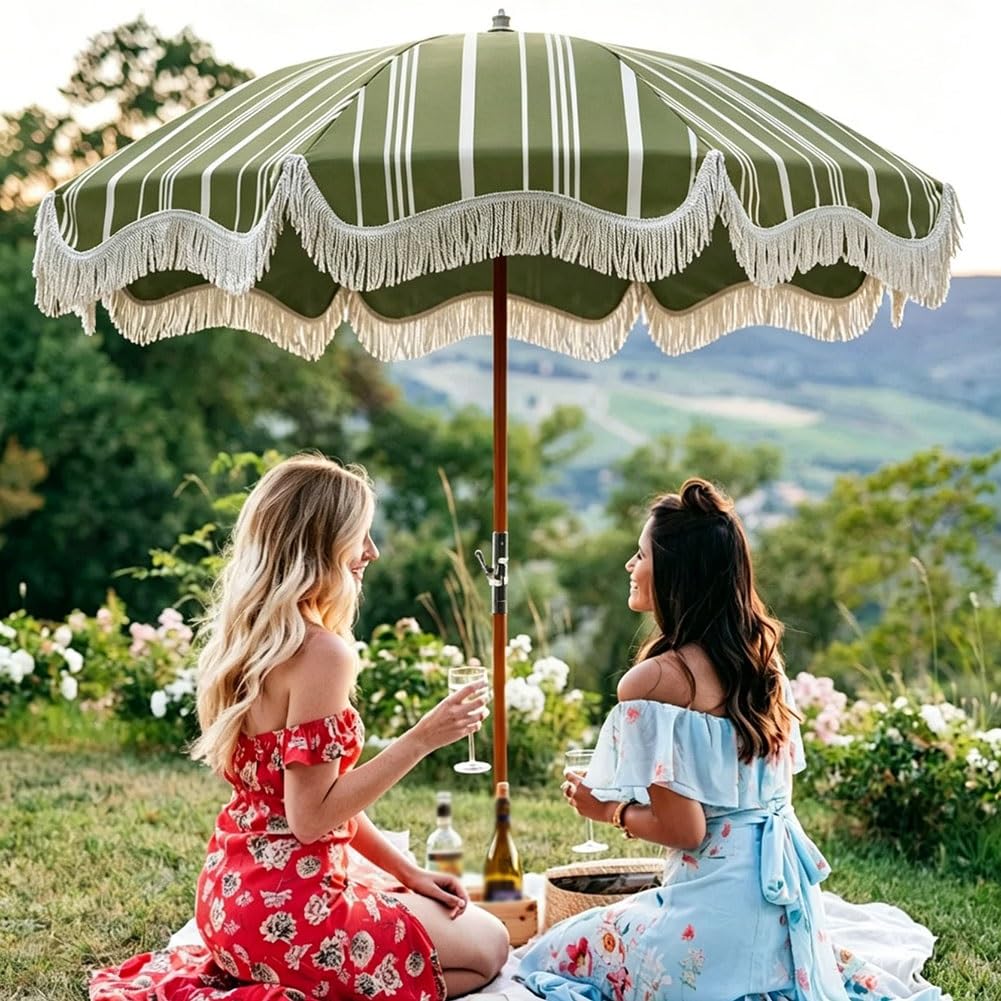 200 cm Vintage Parasol Plażowy w Paski z Frędzlami; Składany Parasol Ogrodowy w Boho z Drewnianym Trzonkiem i 8 Żebrami z Włókna Szklanego
