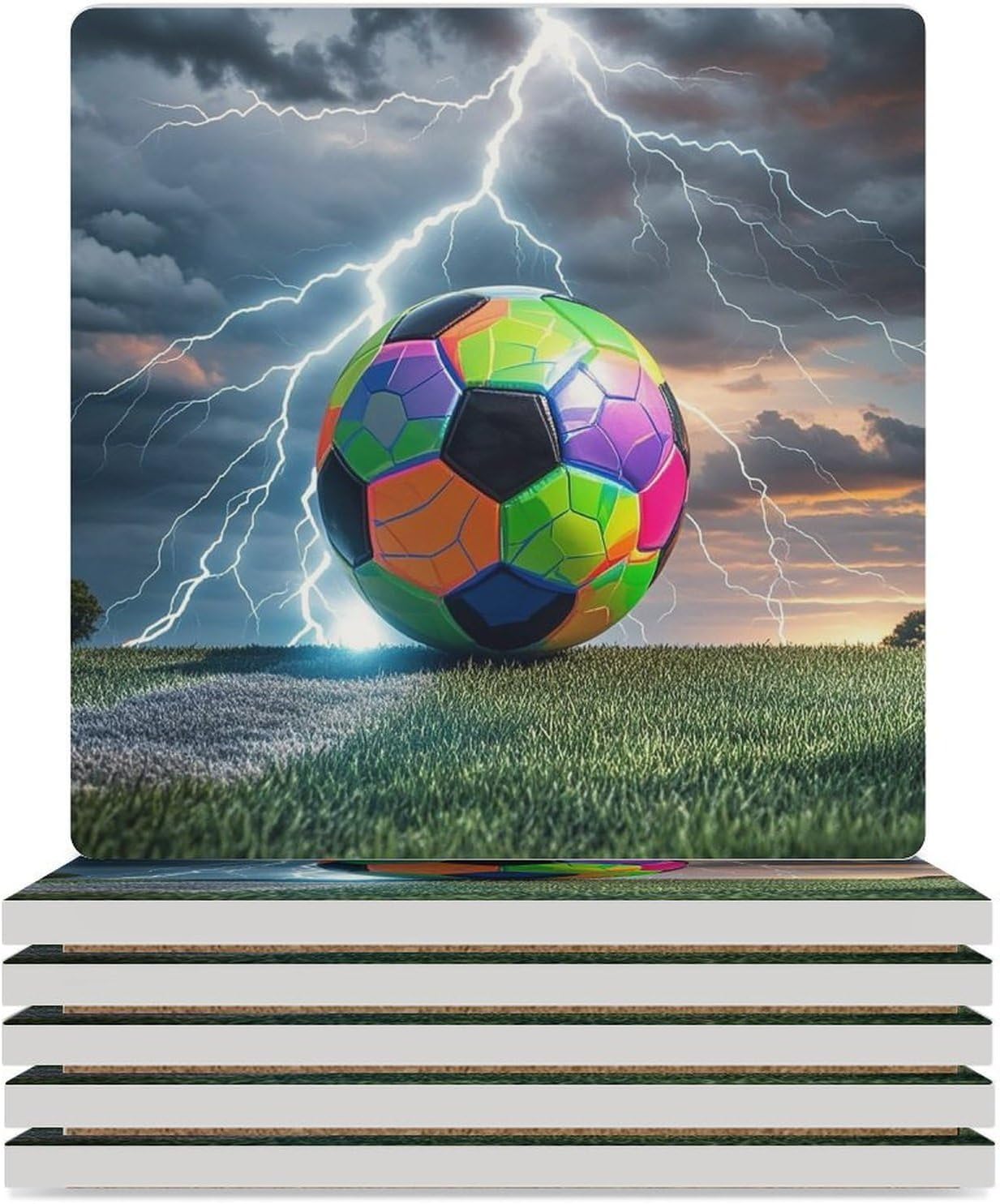 Football and Lightning Coasters Absorbent Ceramic Coasters for Drinks Coaster with Cork Backing for Table Protection Square Drink Cup Mat Modern Style Coaster for Coffee Table
