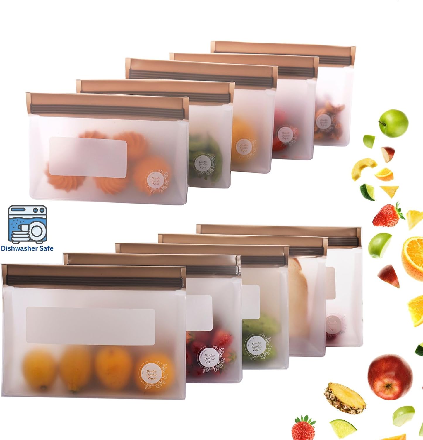 Reusable Food Storage Bags – 10-Pack Stand-Up, BPA-Free, Freezer, Dishwasher Safe, & Eco-Friendly – 5 L, 5 M Bags – Airtight Leakproof Sandwich, Snack, Travel & Make-Up baggies (Grey)