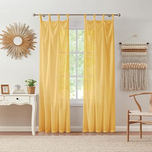 Panel de cortina transparente, cortina anudada de gasa, decoración bohemia para el hogar (amarillo mia, 70 x 95 pulgadas)