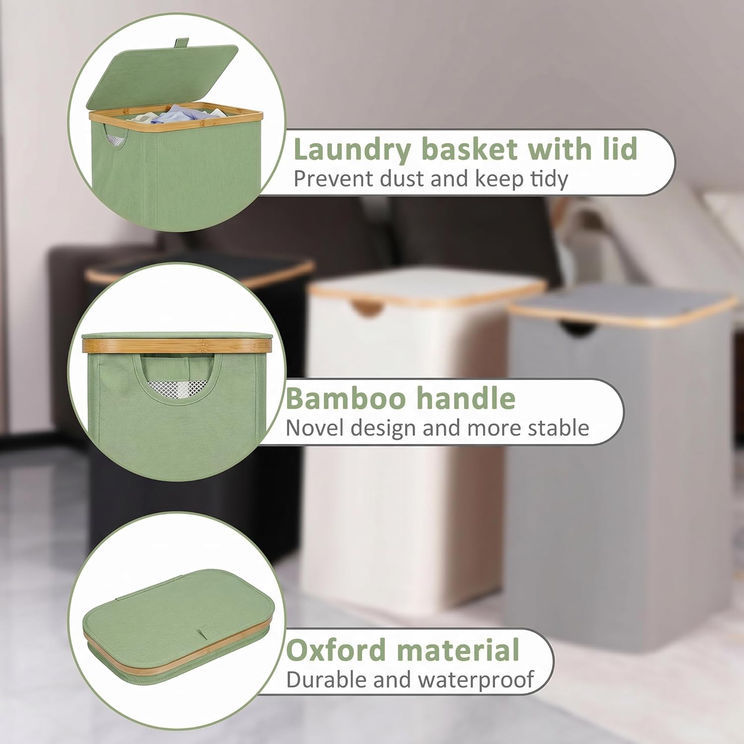 iEGrow 65L Slim Laundry Hamper, Narrow Laundry Basket with Lid,Foldable Clothes Hamper with Bamboo Frame,Hamper Basket with Removable Inner Bag for Laundry Room Bedroom College Dorm,17.17 Gals Green image 5