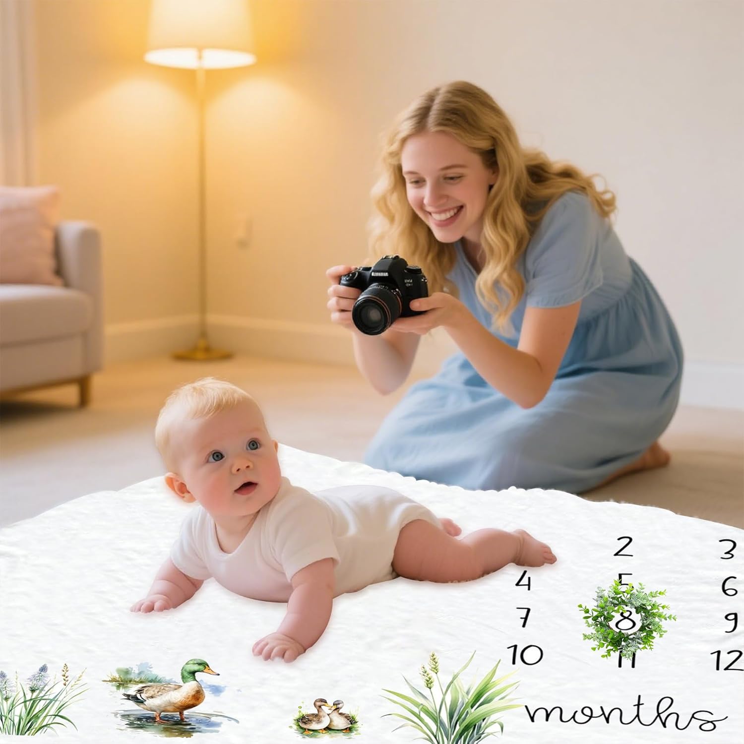 Mallard Duck Baby Monthly Milestone Blanket with Wreath Flannel Mallard Duck Baby Stuff, Green Drake Newborn Swaddling Wrap, Monthly Milestone Blanket for Boys Girls (39.4" x 51.2") - Image 5