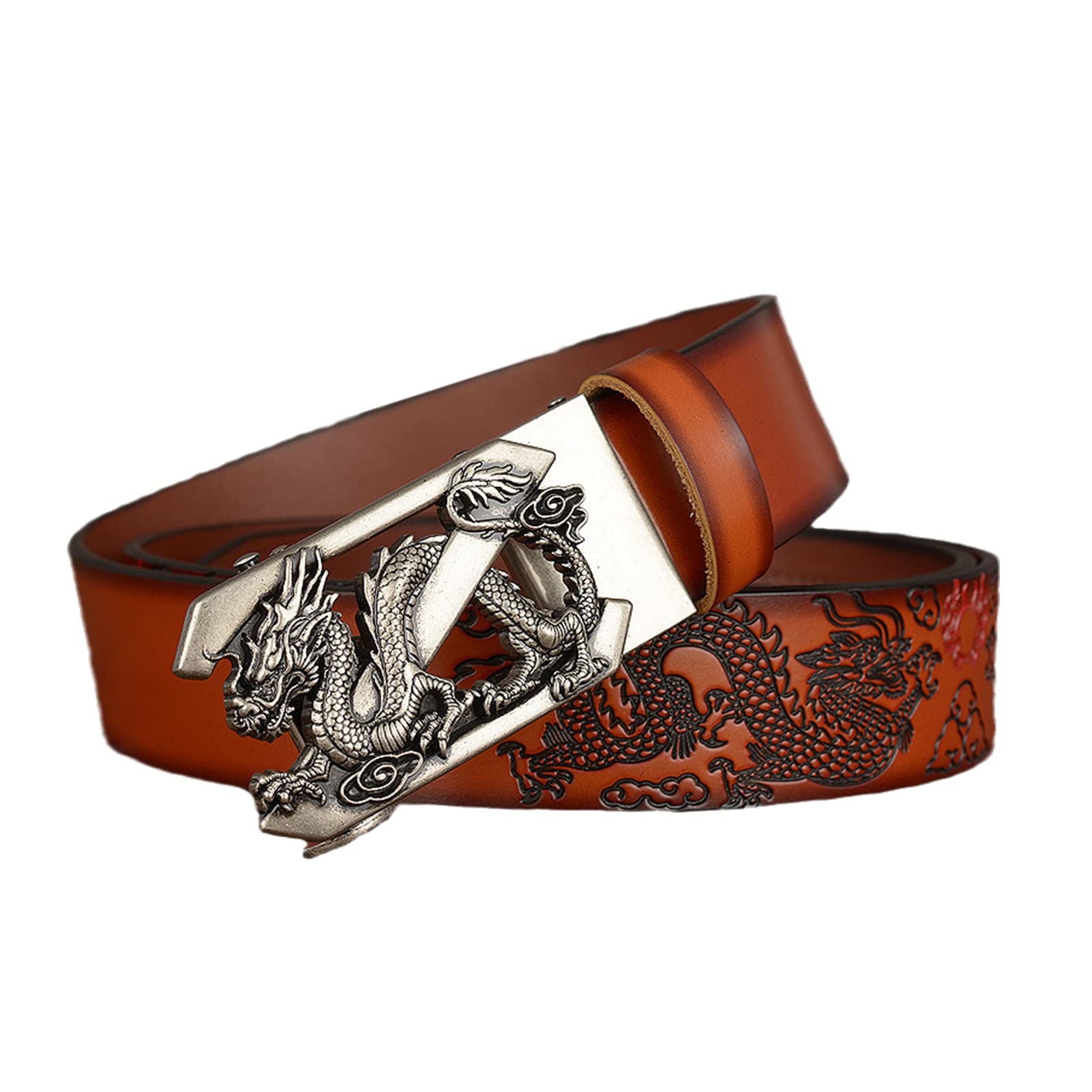 Cinturón De Trinquete Deslizante For Hombre, Correa Cuero Genuino, Hebilla Automática Ajustable Con Dragón 3D Plateado, Informal For Jeans 35 Mm