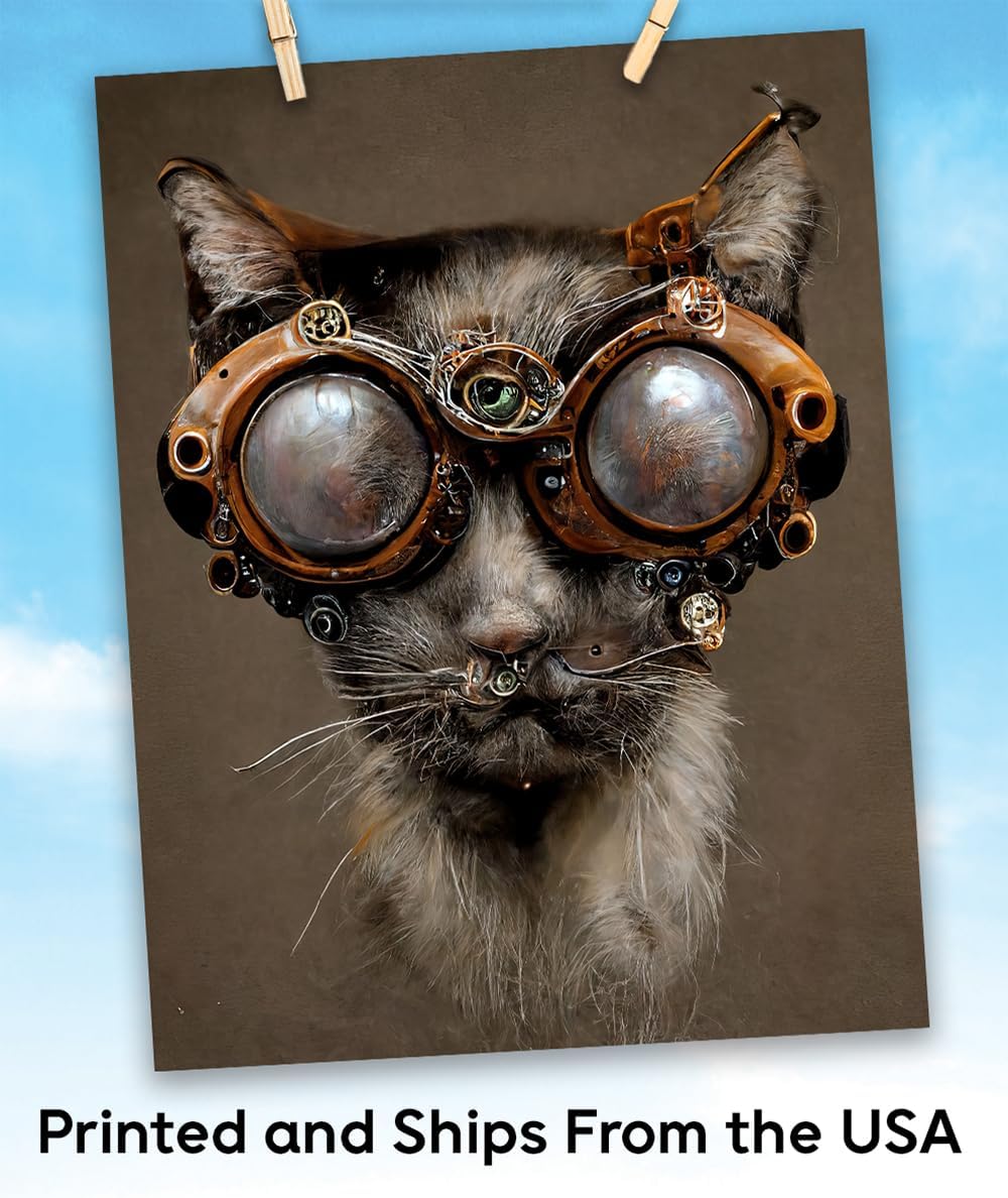 Steampunk Cat Wearing Goggles 28x36 Unframed Print – Lifelike Yet Surreal Appearance, Industrial Retro-Futuristic Look, Cyberpunk Aesthetic, Sci-Fi Fantasy Feline Wall Print, Gift for Cat Owners