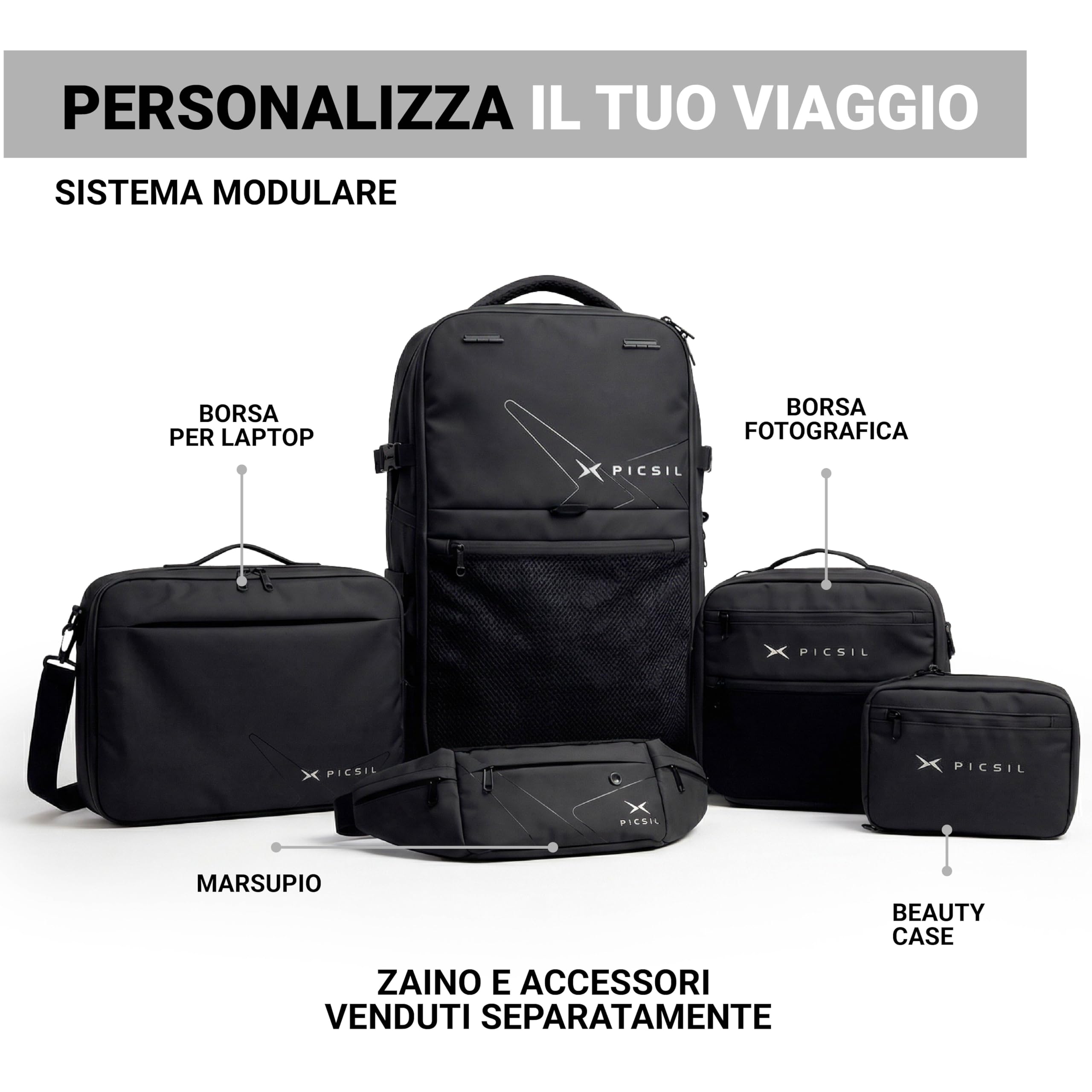 PICSIL Horizon Modulo Fotografico, Custodia DSLR e Mirrorless - Moonless | Inserto imbottito modulare e impermeabile con divisori regolabili per fotocamera, obiettivi e accessori. Capacitá 9,8L