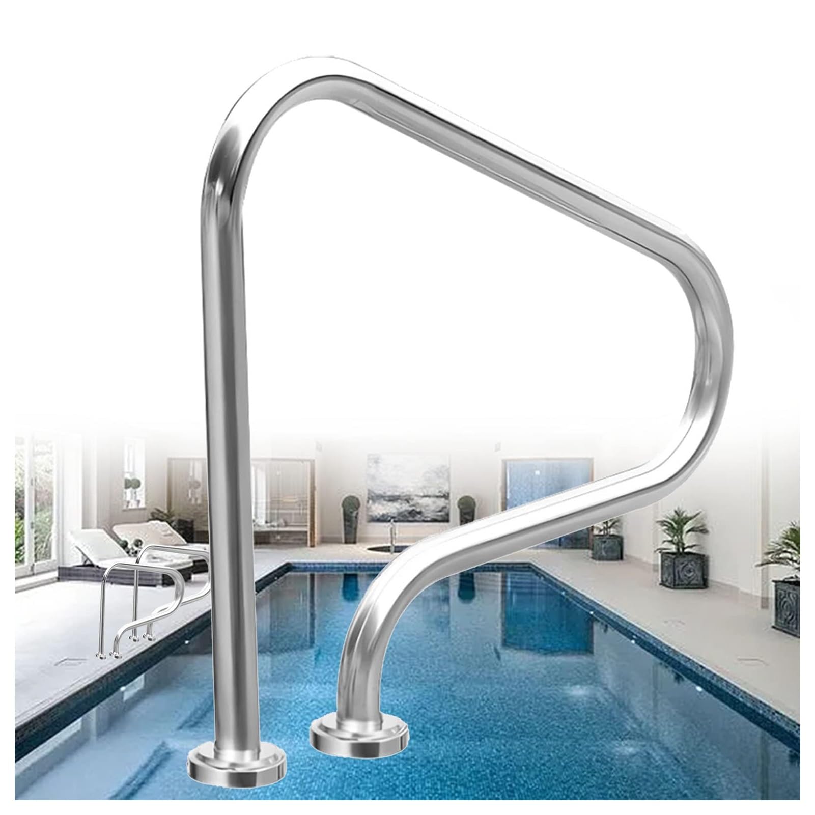 Pool Railing,304 Stainless Steel Pool Handrail,Swimming Pool Stair Rail,with Quick Mount Base,250 LBS Load Capacity,for Indoor Outdoor Pool Water Park
