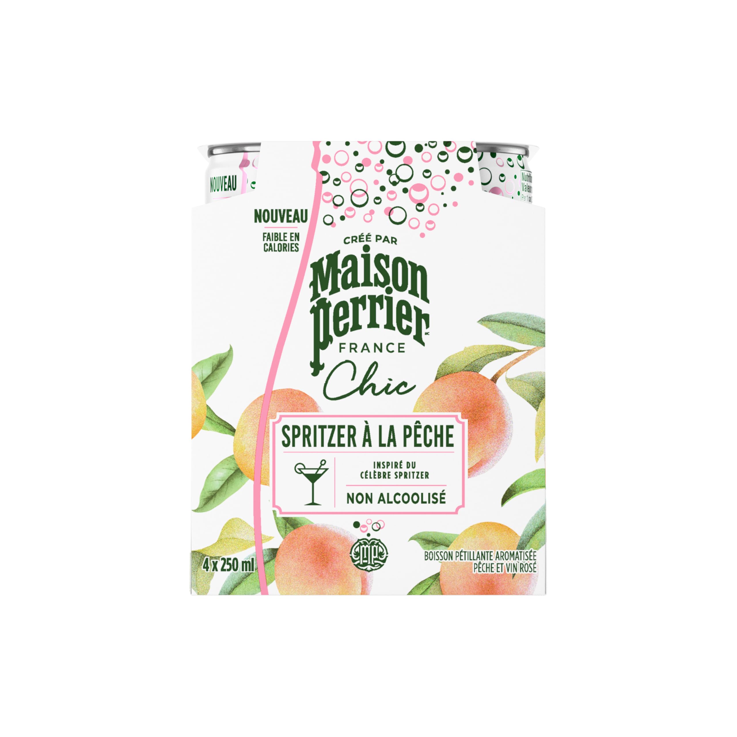 Maison Perrier Chic Peach Spritzer, Non-Alcoholic, Peach And Rosé Wine-Flavoured Sparkling Beverage, Low Calorie Mocktail, Ready To Drink, 4 cans, 250 ml