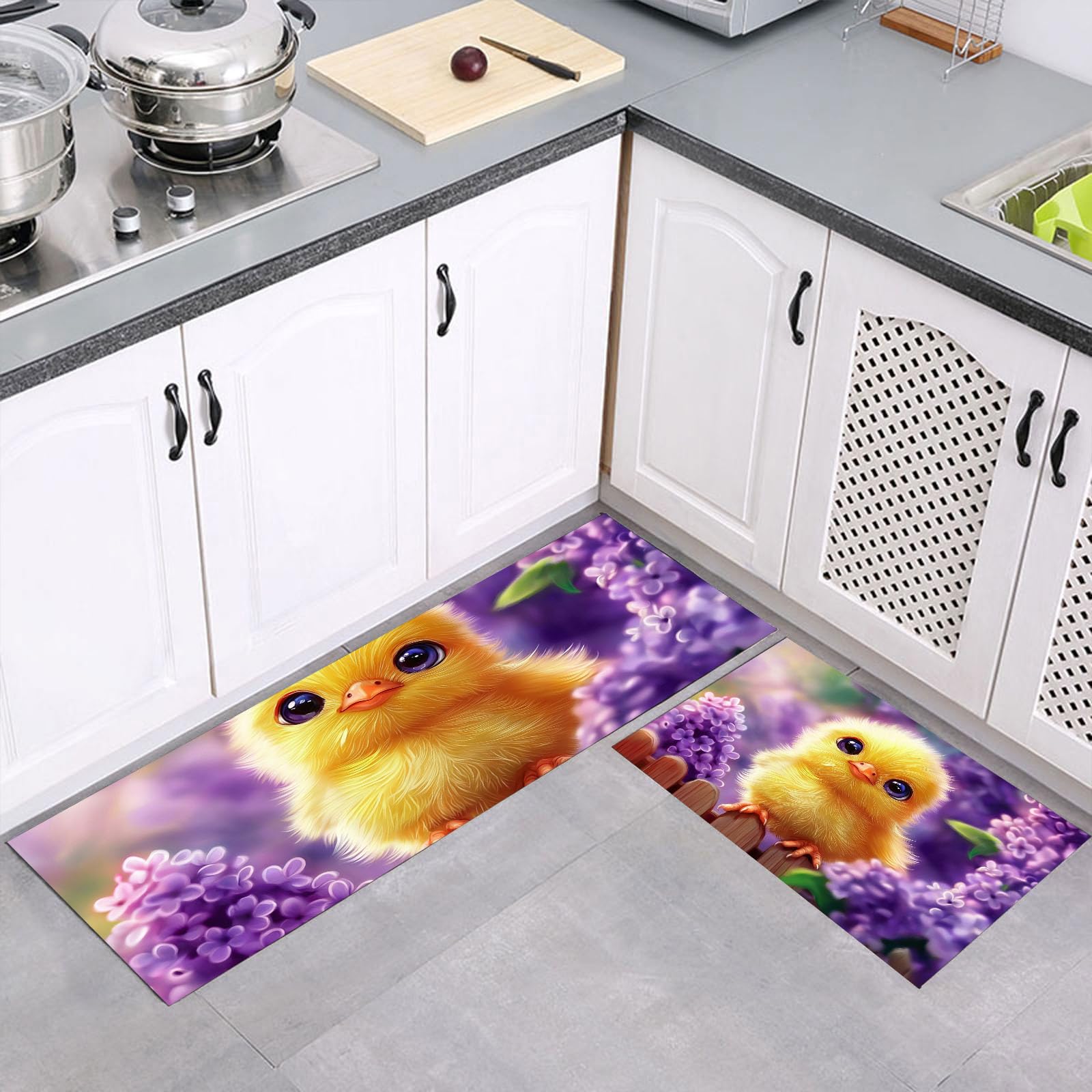 Juego de alfombras de cocina de 2 piezas de 40x60cm y 40x120cm antideslizantes moradas con dibujos
