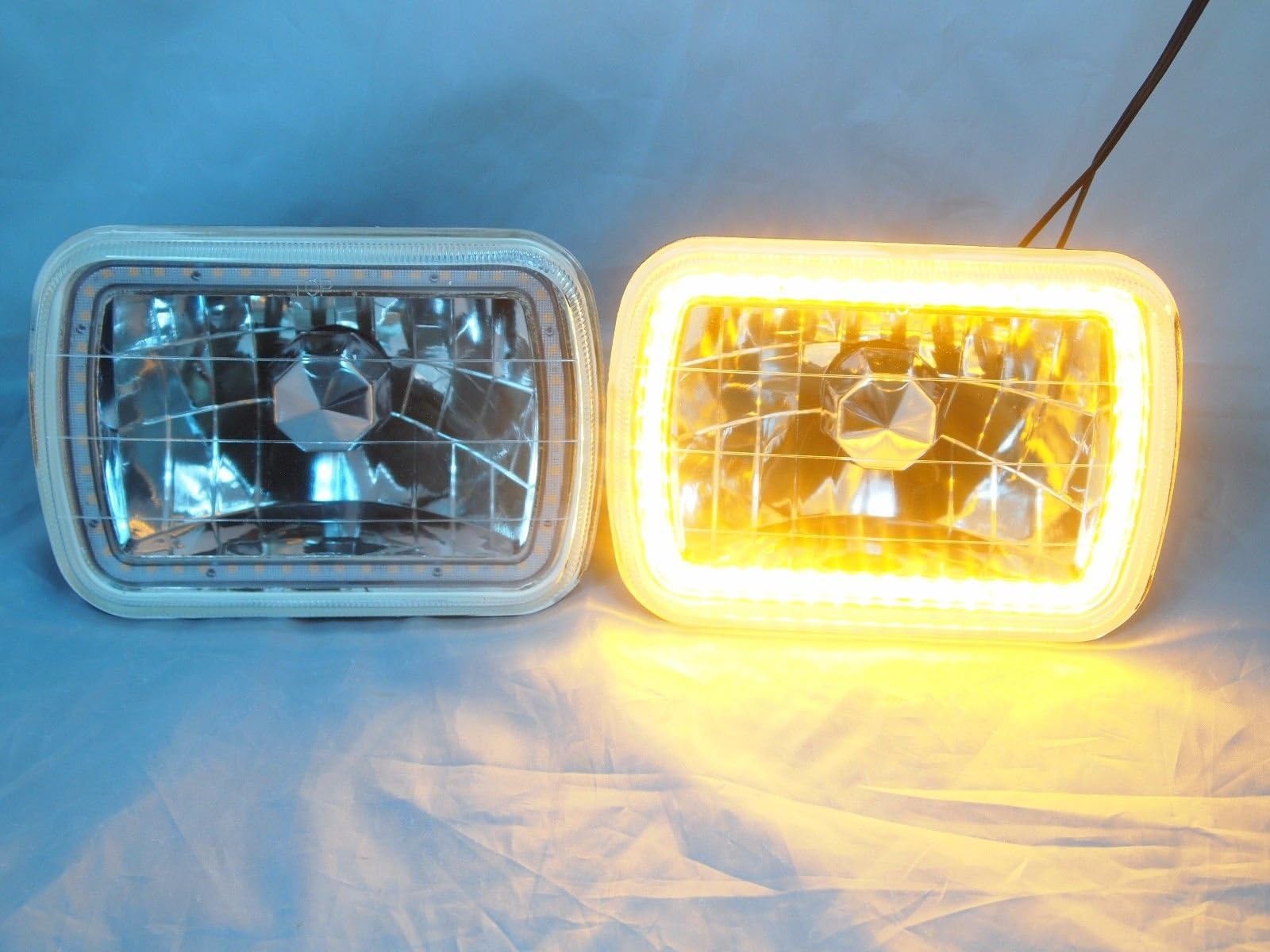 Fits 86-95 JEEP WRANGLER YJ GLASS HEAD LIGHTS SMD HALO AMBER YELLOW LED HEADLIGHTS H4