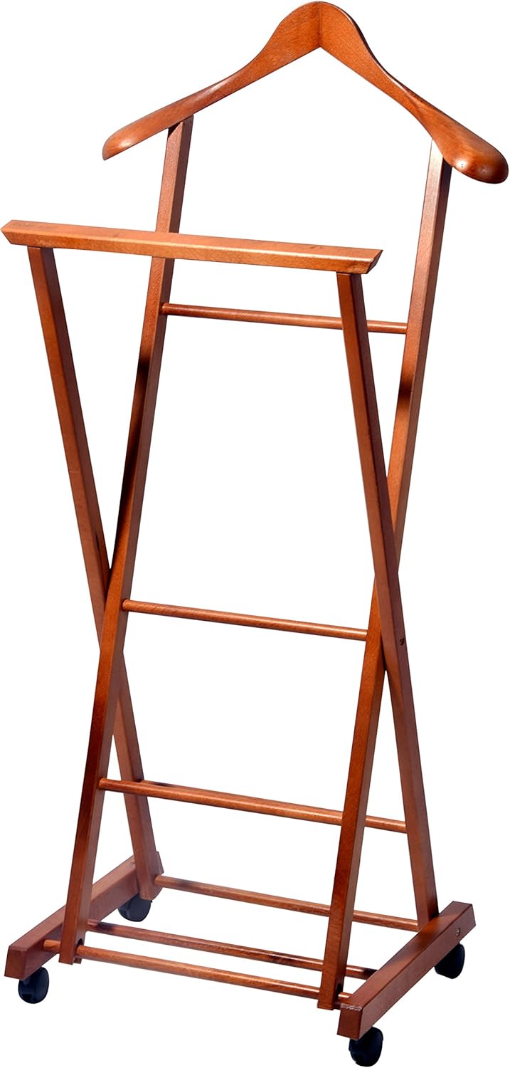 dobar® 29742FSC Folding Suit Stand Beech Wood | Valet Stand on Four Wheels | Mute Servant for Suits/Shirts/Trousers | Foldable Clothes Stand | 33 x 41 x 104 cm | Dark Brown
