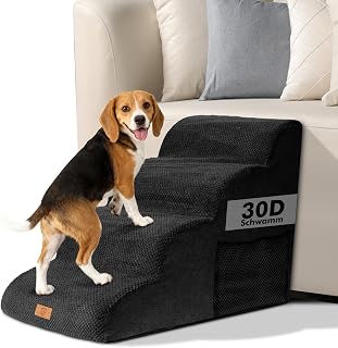 Dog Stairs for Small Dogs, 4 Steps Cat Staircase 72 x 40 x 52 cm, Black | Dog Ramp with Removable, Washable Cover, Non-Slip Sponge Pet Staircase for Bed, Sofa, Sofa, and Car