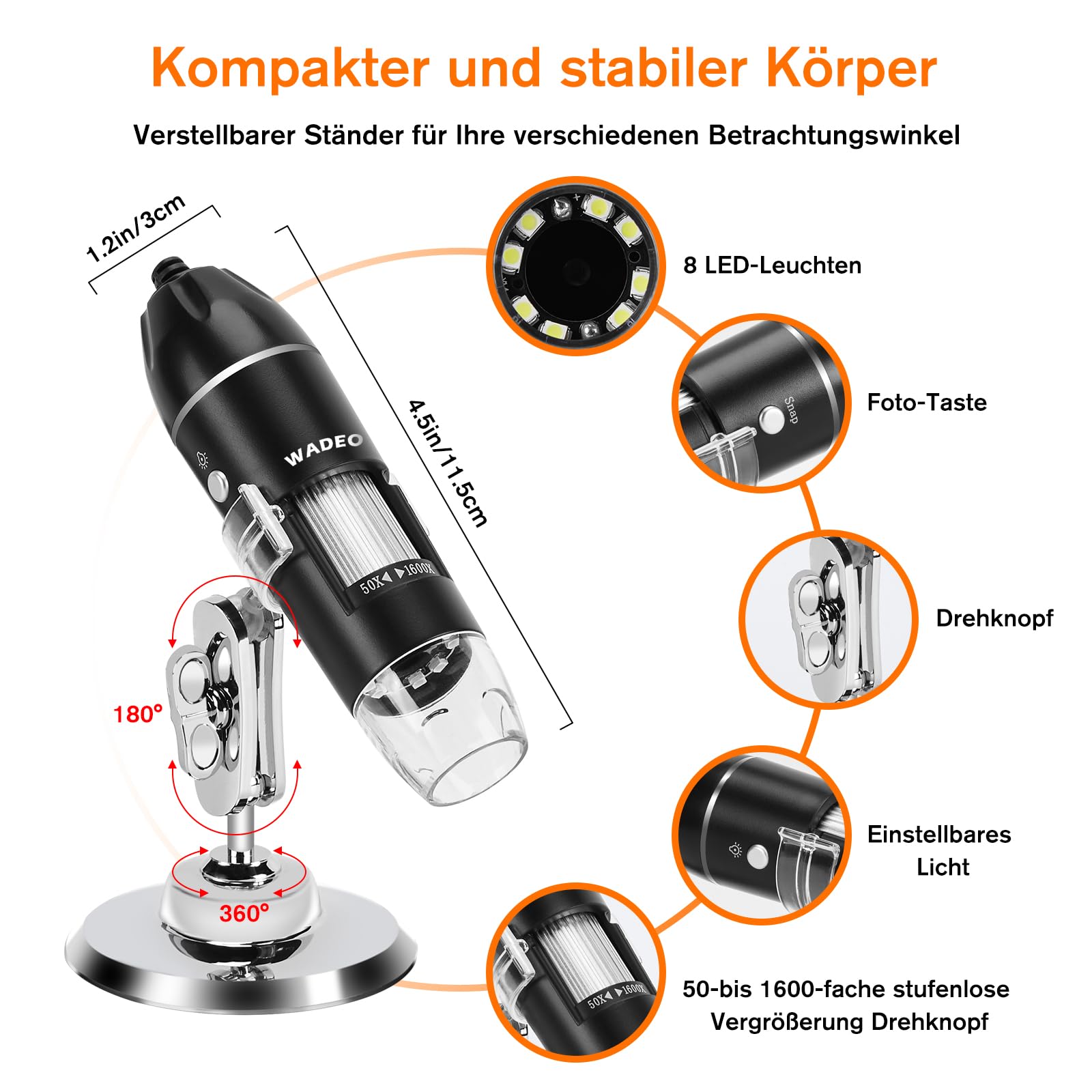 WADEO Digital Mikroskop, USB Mikroskop 1440P HD mit 50X-1600X Vergrößerung, Tragbare Inspektionskamera WiFi-frei, Kabeliges Handmikroskop mit 8 LED und Ständer, iOS, Android und Tablets kompatibel