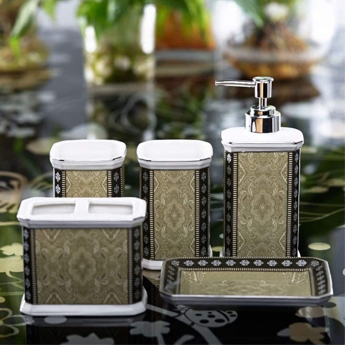 Dispensador Jabón Set Juego De Accesorios De Baño De 5 Uds., Juego De Cerámica, Cabeza Laminada De Borde Plateado De Plástico con Soporte para Cepillo De Dientes Baño Accesorios(Grün)