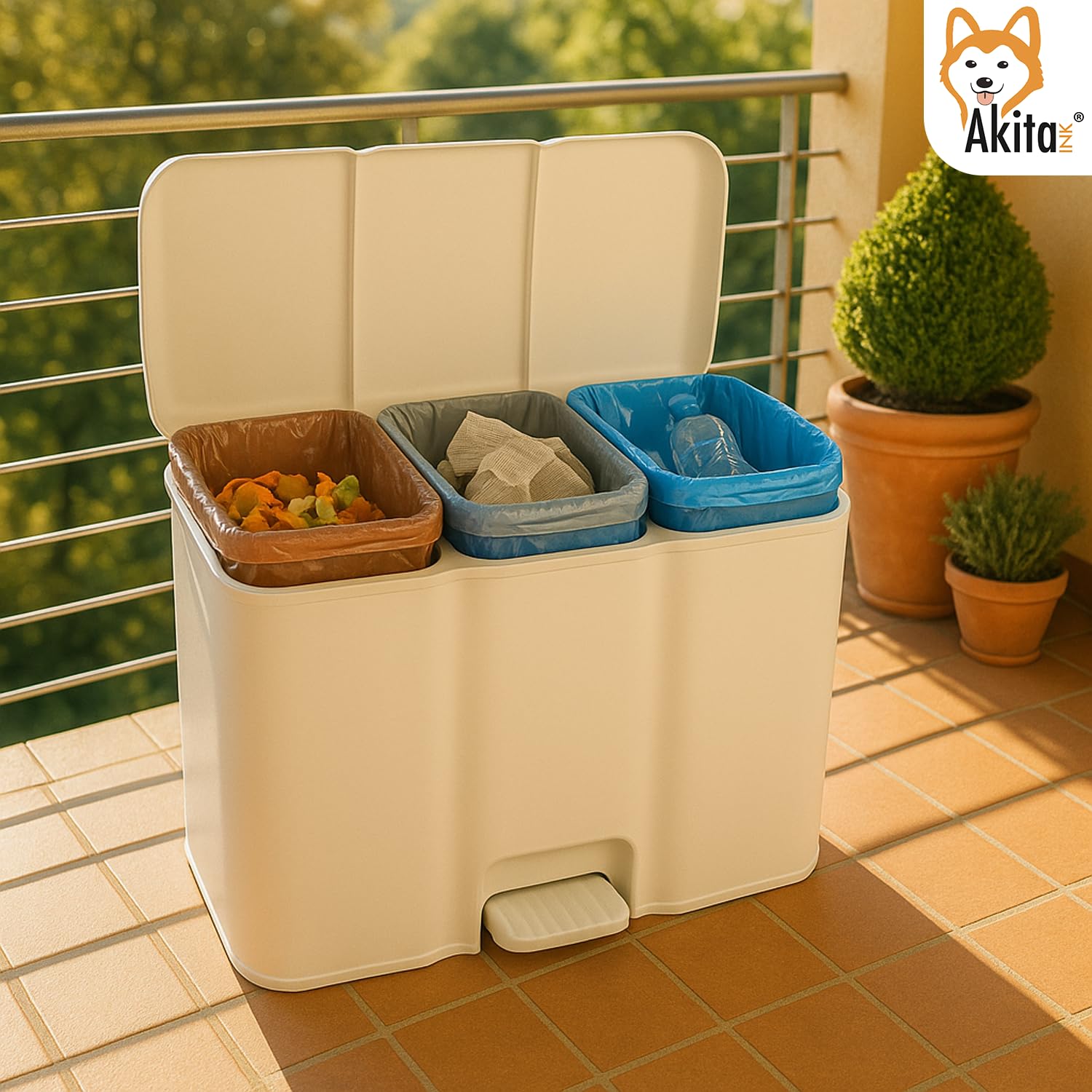 AKITAInk Pattumiera Differenziata Patty3 Bianca - 3 Scomparti (13L + 8L + 13L) con Pedale, Cestini Rimovibili e Etichette Riciclo, Design Moderno per Cucina e Ufficio